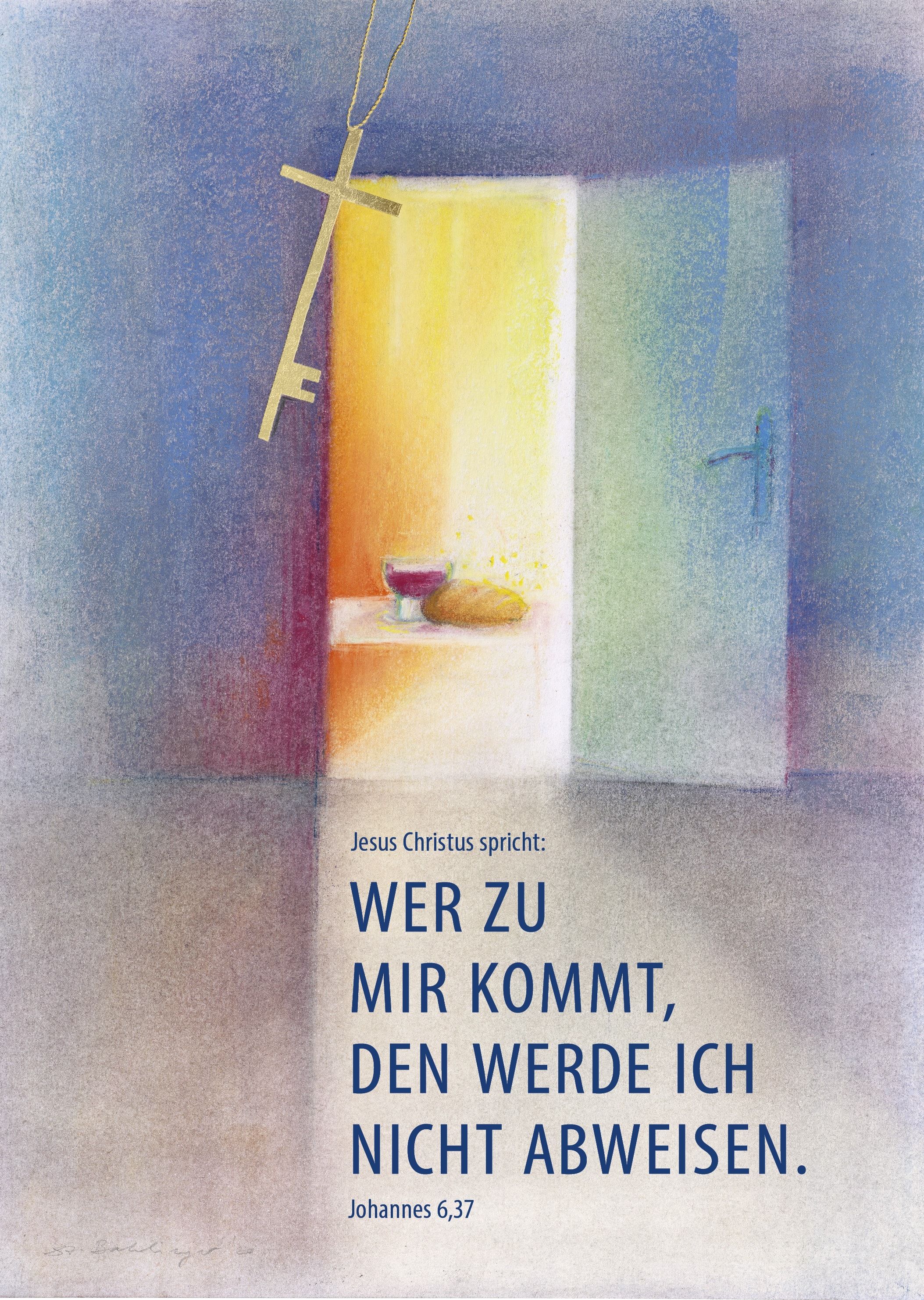 Johannes 6,37, Wer zu mir kommt, Offene Tür, Gemälde, Pastellfarben, QHD+, iPad-Hintergrundbild