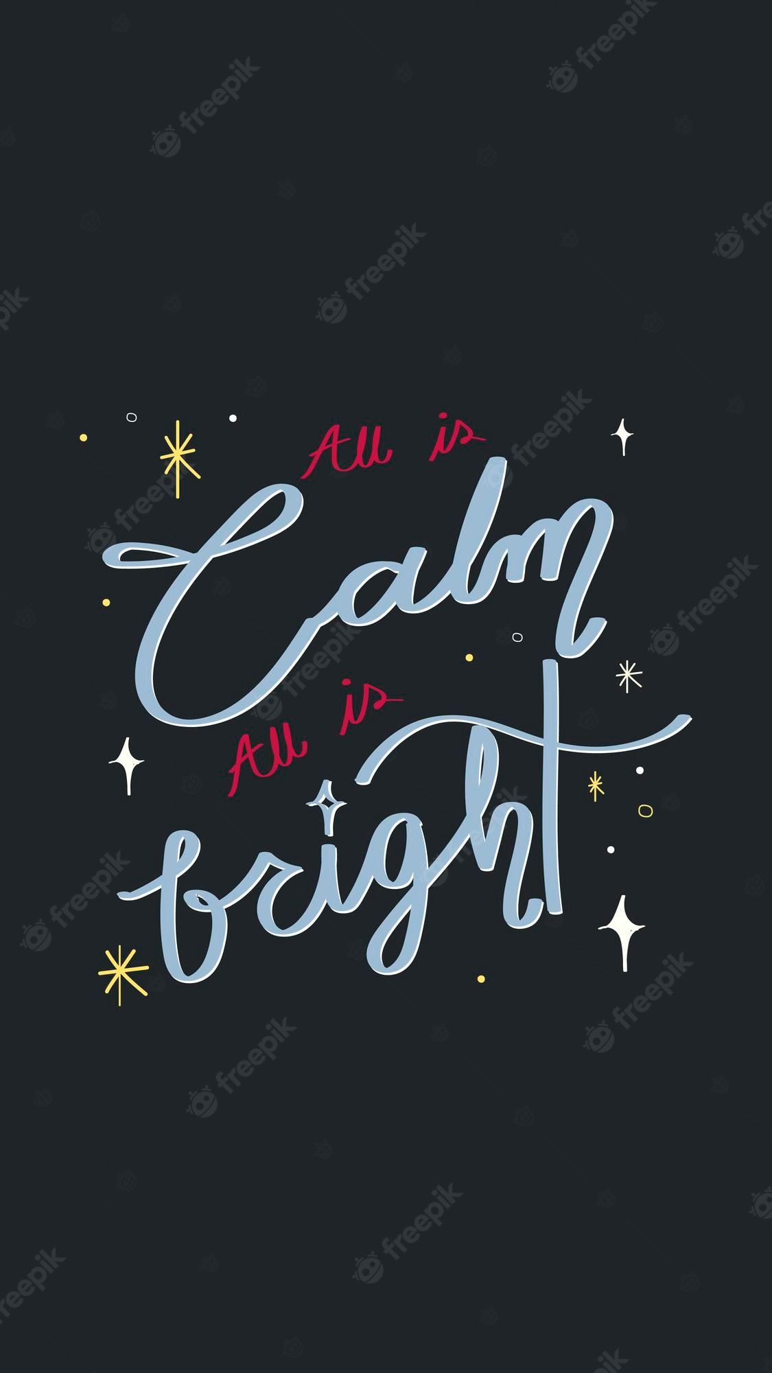 All is calm, all is bright, Handlettering, Weihnachten, Dunkler Hintergrund, Sterne, Sperrbildschirm