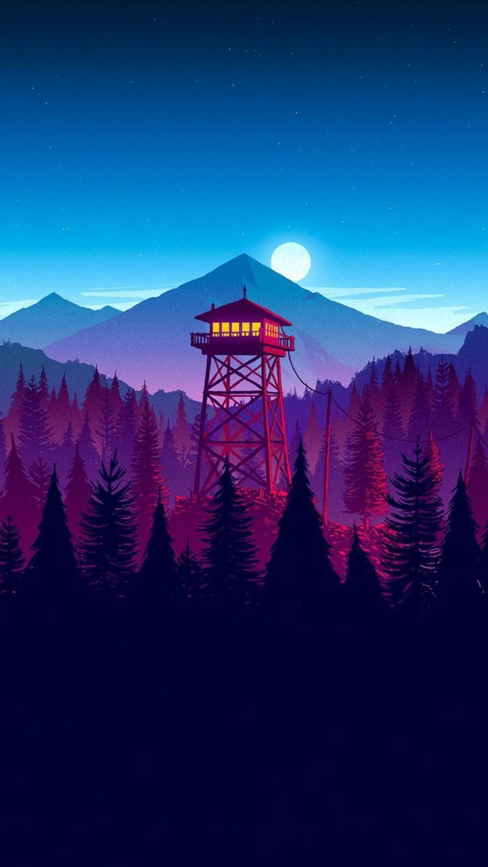 Aussichtsturm, Wald, Berge, Minimalismus, Vektorgrafik, Lila Himmel, Android-Hintergrundbild