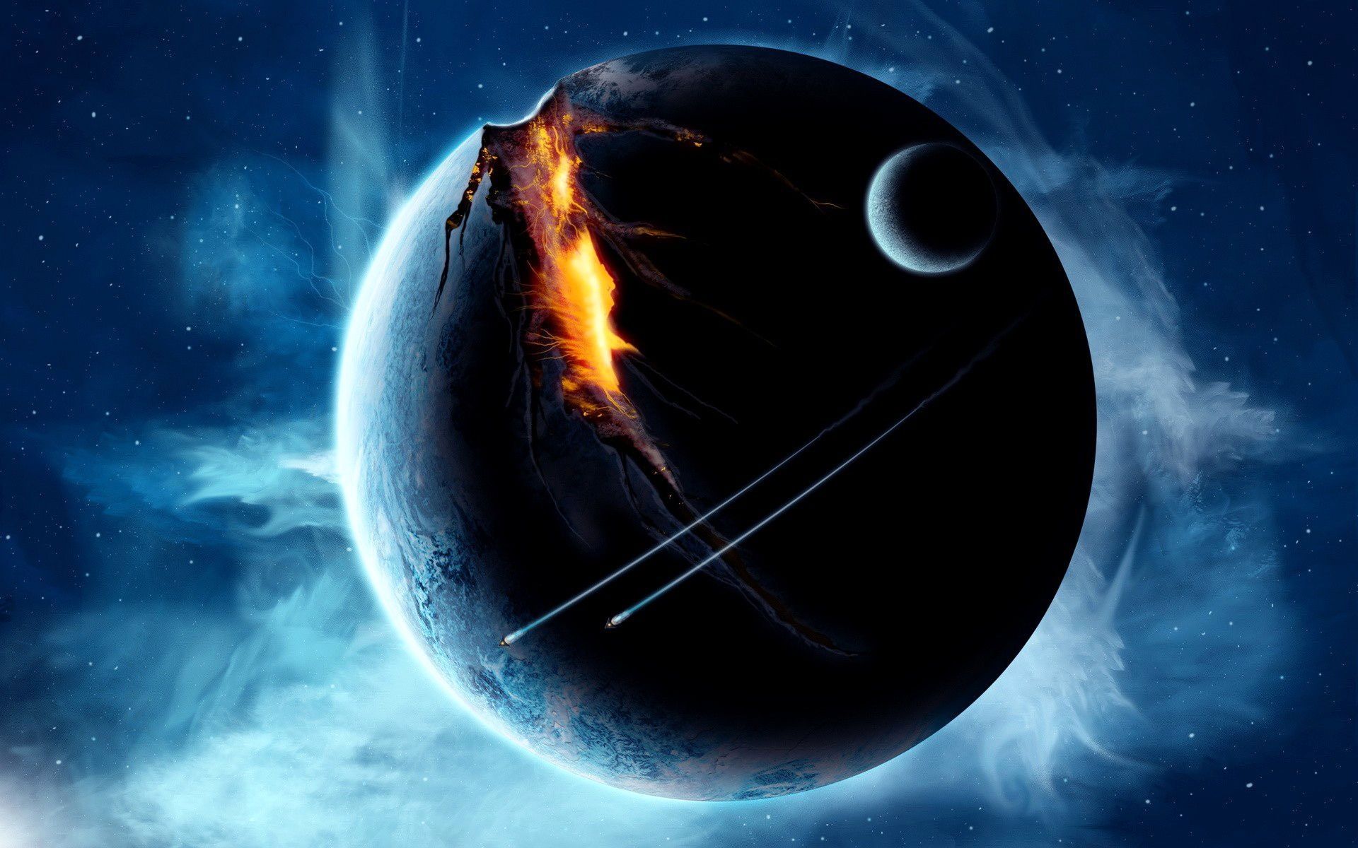 Planet, Mond, Weltall, Explosion, Blau, Sci-Fi, 16:10, Full-HD-Hintergrundbild für den Desktop