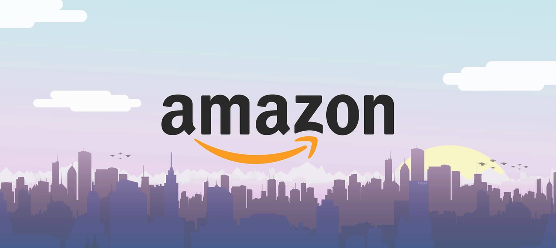 Amazon-Logo, Amazon, Skyline, Stadtsilhouette, Lila Himmel, Flaches Design, Full-HD-Hintergrundbild für PC