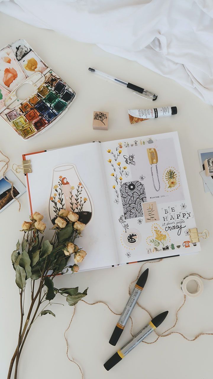 Notizbuch, Aquarellfarben, Pinsel, Rosen, Schreibtisch, Flatlay, HD, Handy-Hintergrundbild