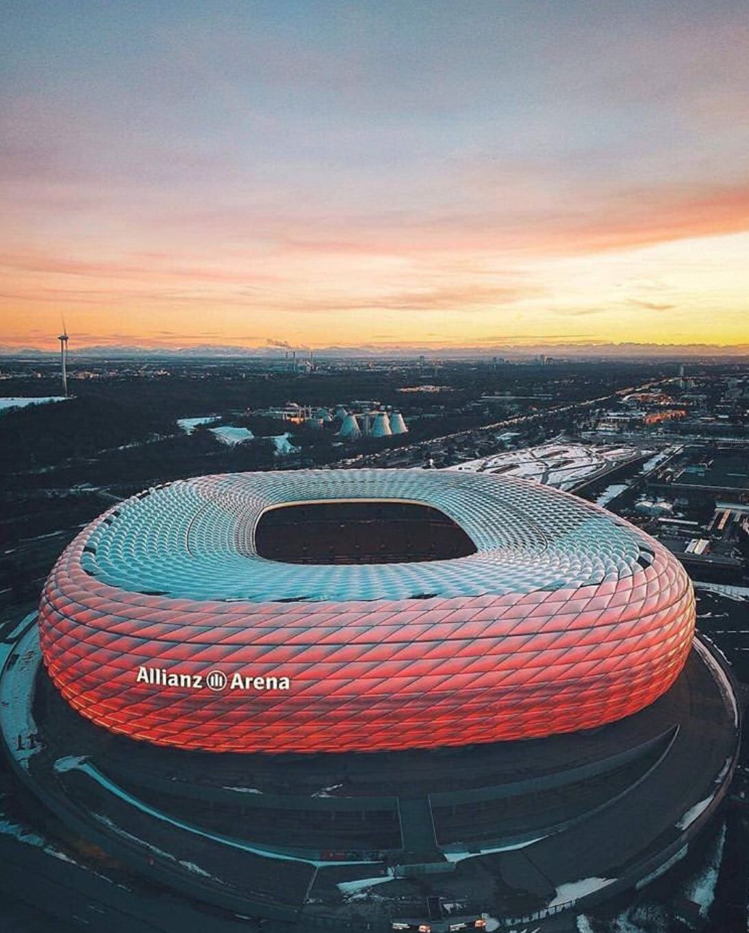 Allianz Arena, Luftaufnahme, Sonnenuntergang, München, Stadion, Full HD, iPad-Hintergrundbild