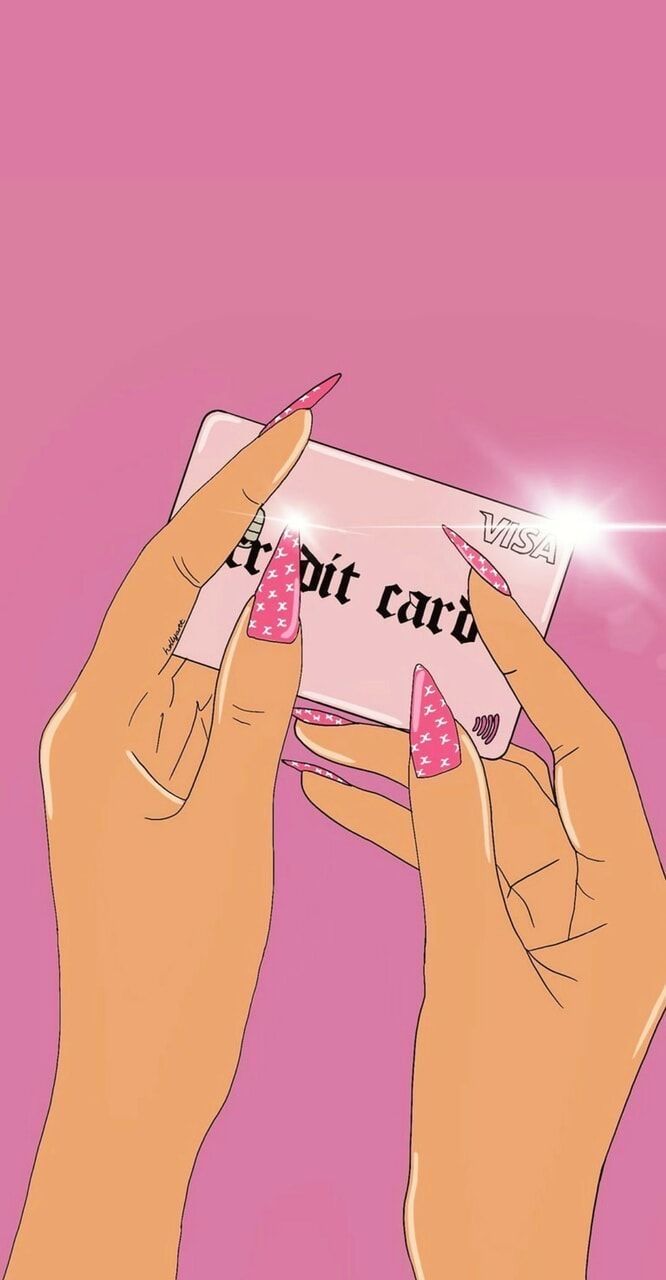 Kreditkarte, Hände, Illustration, Rosa Hintergrund, Maniküre, Sperrbildschirm fürs iPhone