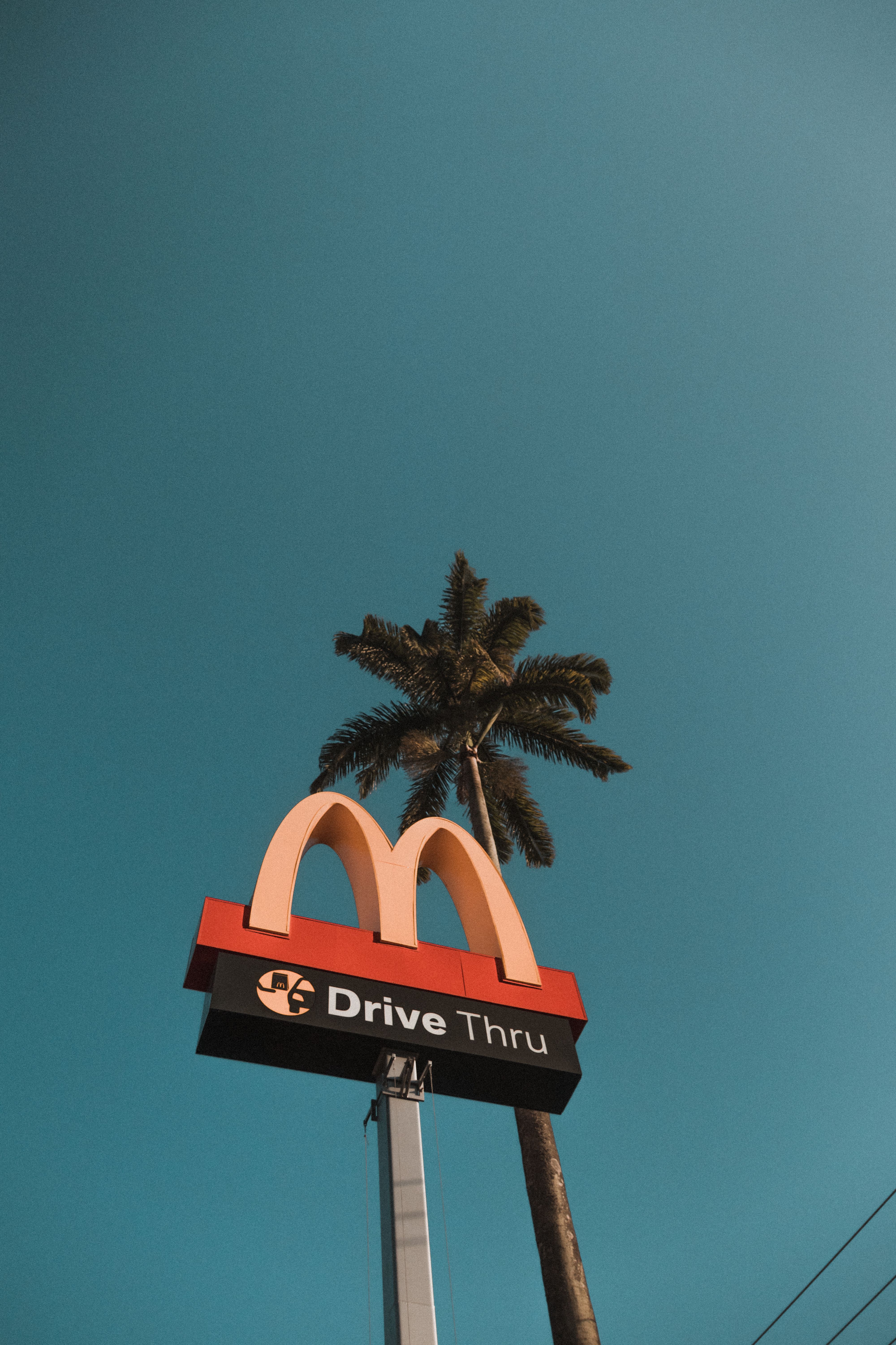 McDonald's, Drive-Thru, Werbeschild, Palme, Türkiser Himmel, Hintergrundbild fürs Handy