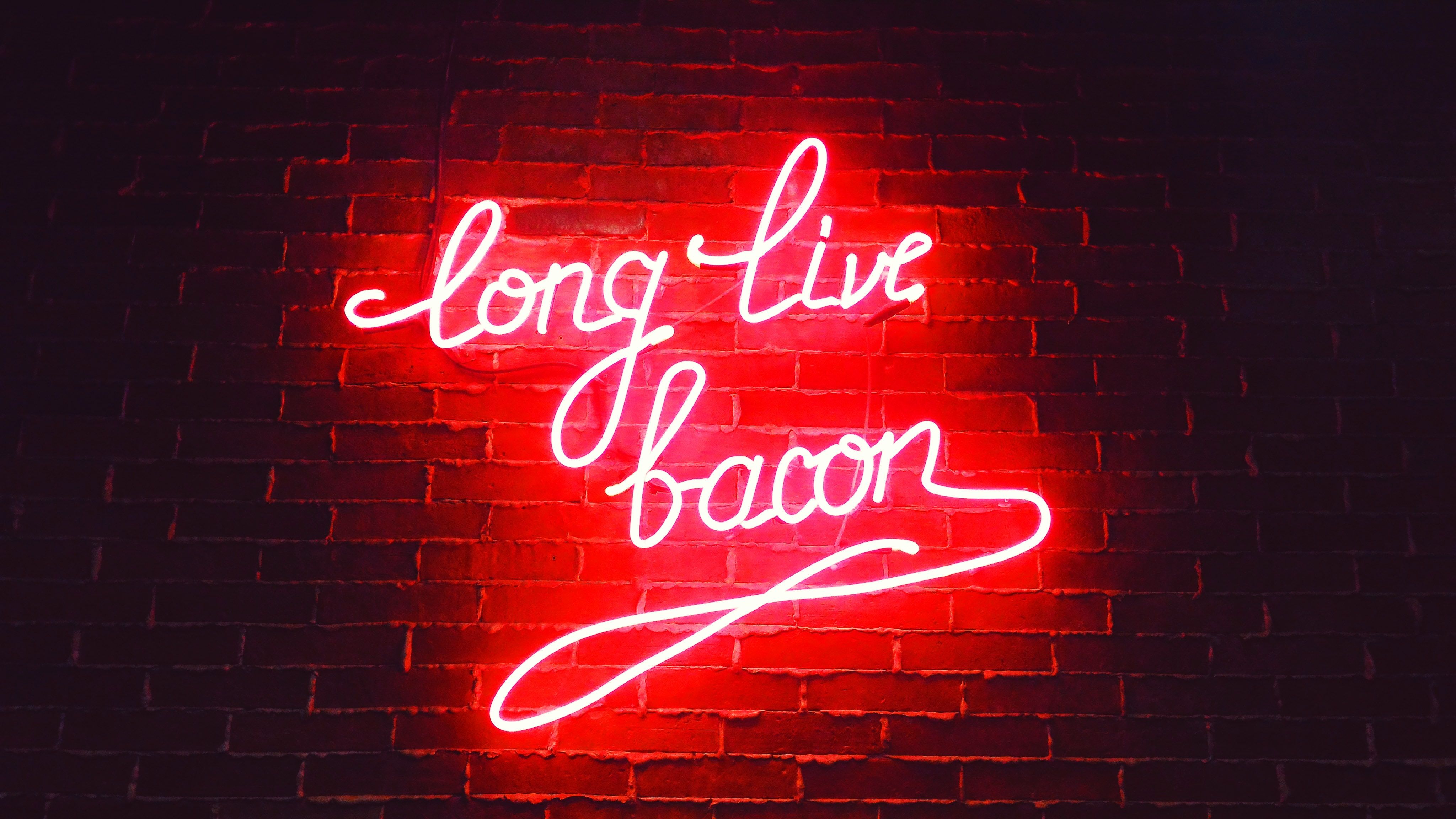 Long Live Bacon, Neonschrift, Ziegelwand, Rot, Schriftzug, 4K, PC-Hintergrundbild