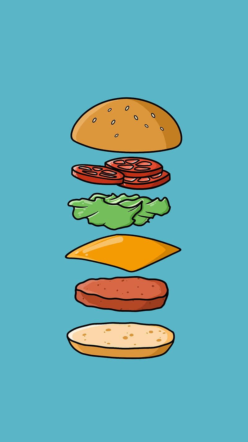 Burger, Zutaten, Explosionsansicht, Illustration, Hellblauer Hintergrund, Sperrbildschirm fürs iPhone