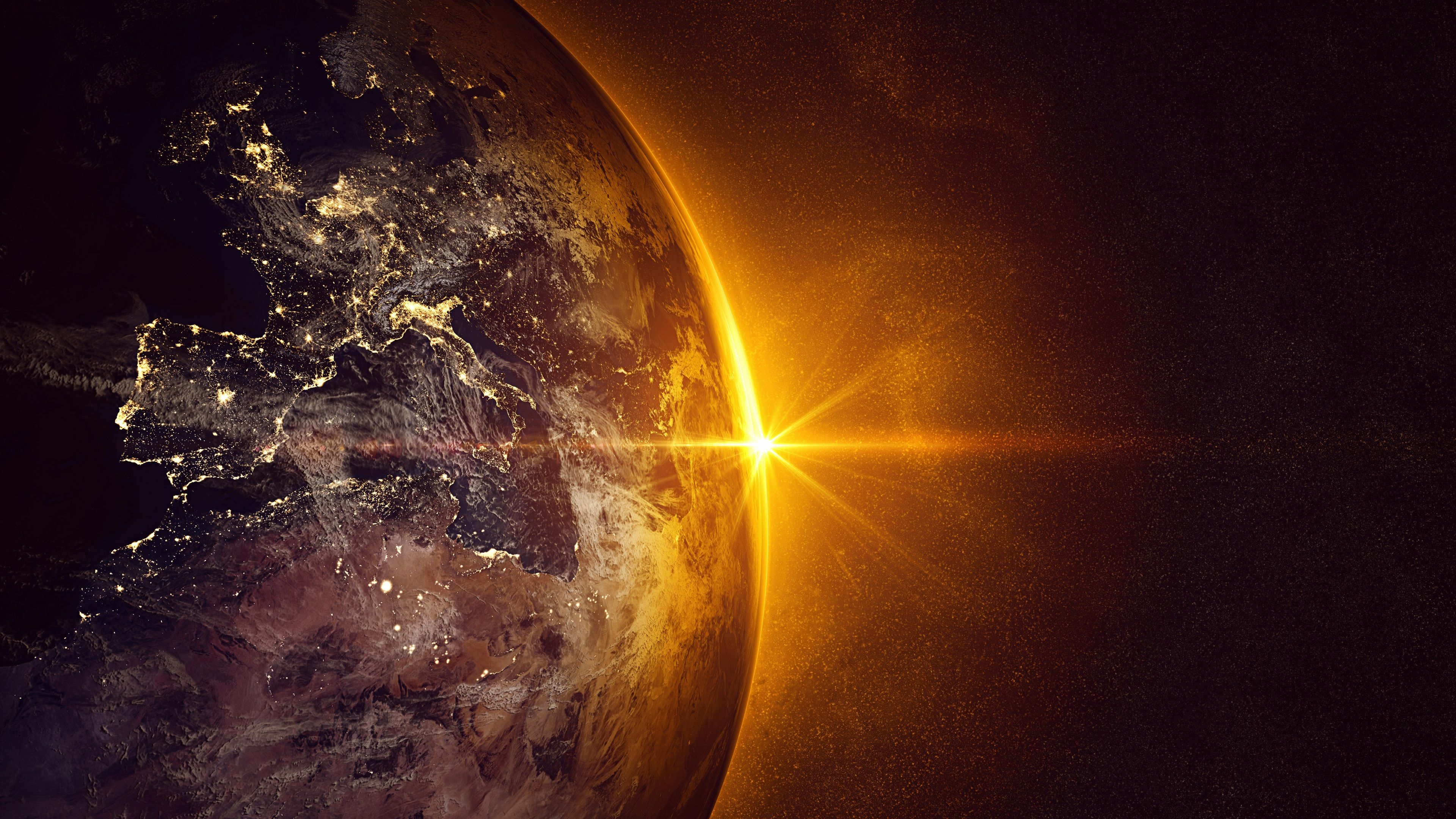 Erde, Sonnenaufgang, Weltall, Stadtlichter, Orange, 16:9, 4K-Hintergrundbild für den Desktop