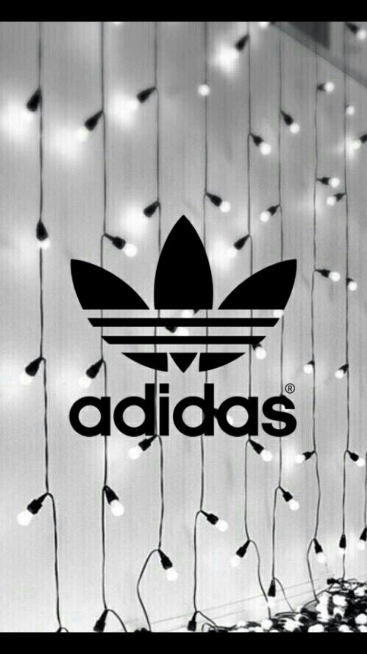 Adidas, Trefoil-Logo, Lichterkette, Schwarz-Weiß, Bokeh, 750x1334, Handy-Hintergrund