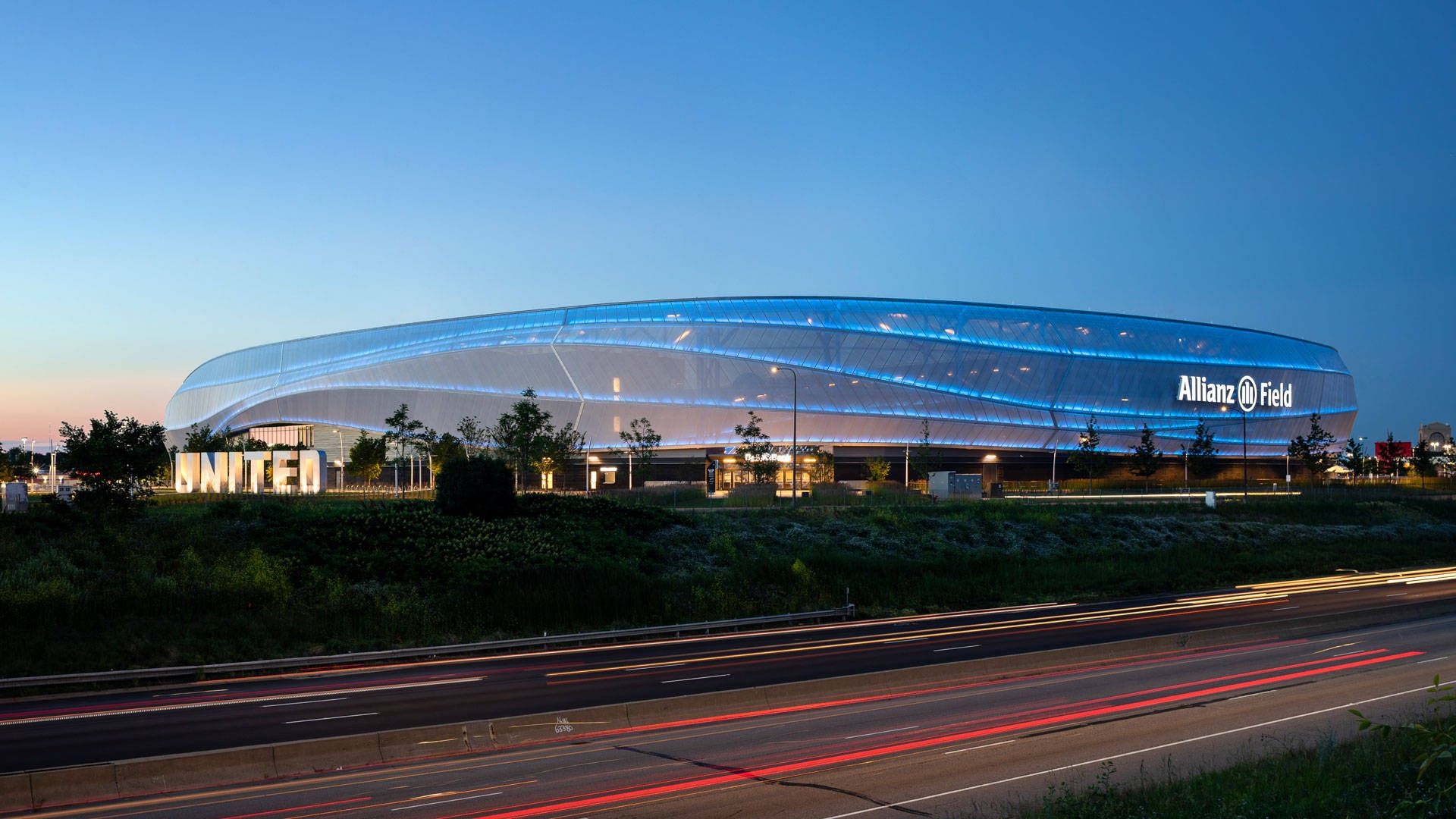 Allianz Field, Minnesota United, Saint Paul, Stadion, Lichtspuren, Dämmerung, 1080p Wallpaper