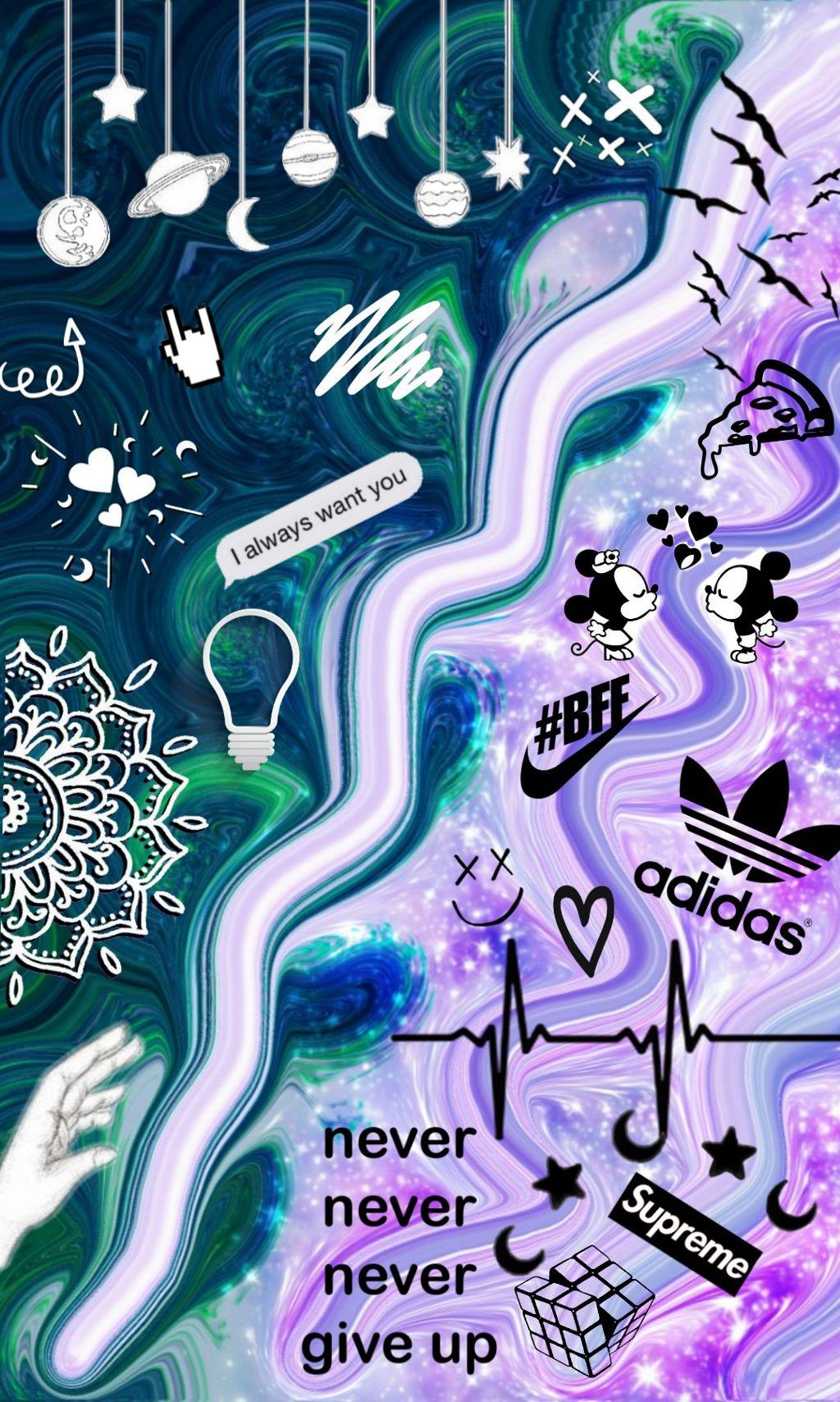 Adidas, Doodle, Never Give Up, Bunt, Kritzeleien, Hintergrundbild für iPhone und Android