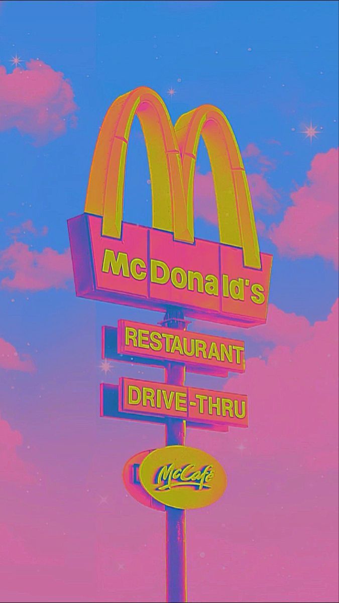 McDonald's-Logo, Drive-Thru, Werbeschild, Pinke Wolken, Retro, Android-Hintergrundbild