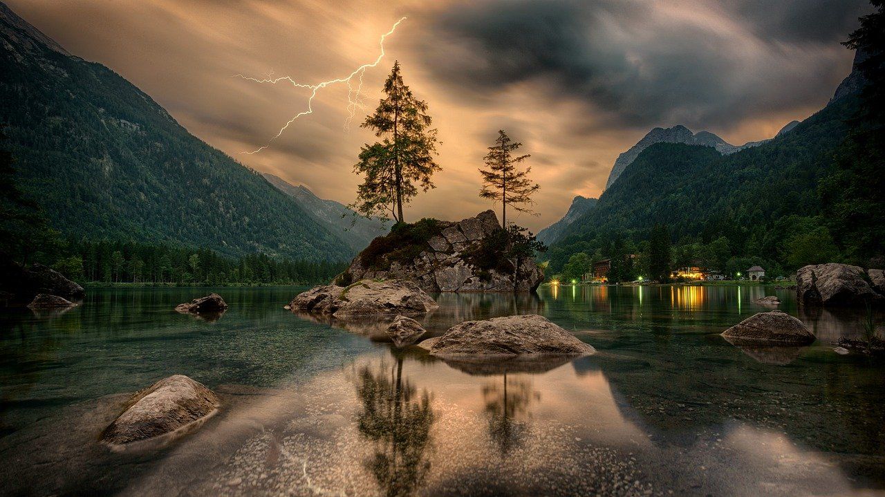 Hintersee, Ramsau, Berchtesgadener Land, Bergsee, Gewitter, Blitz, HD, PC-Hintergrundbild