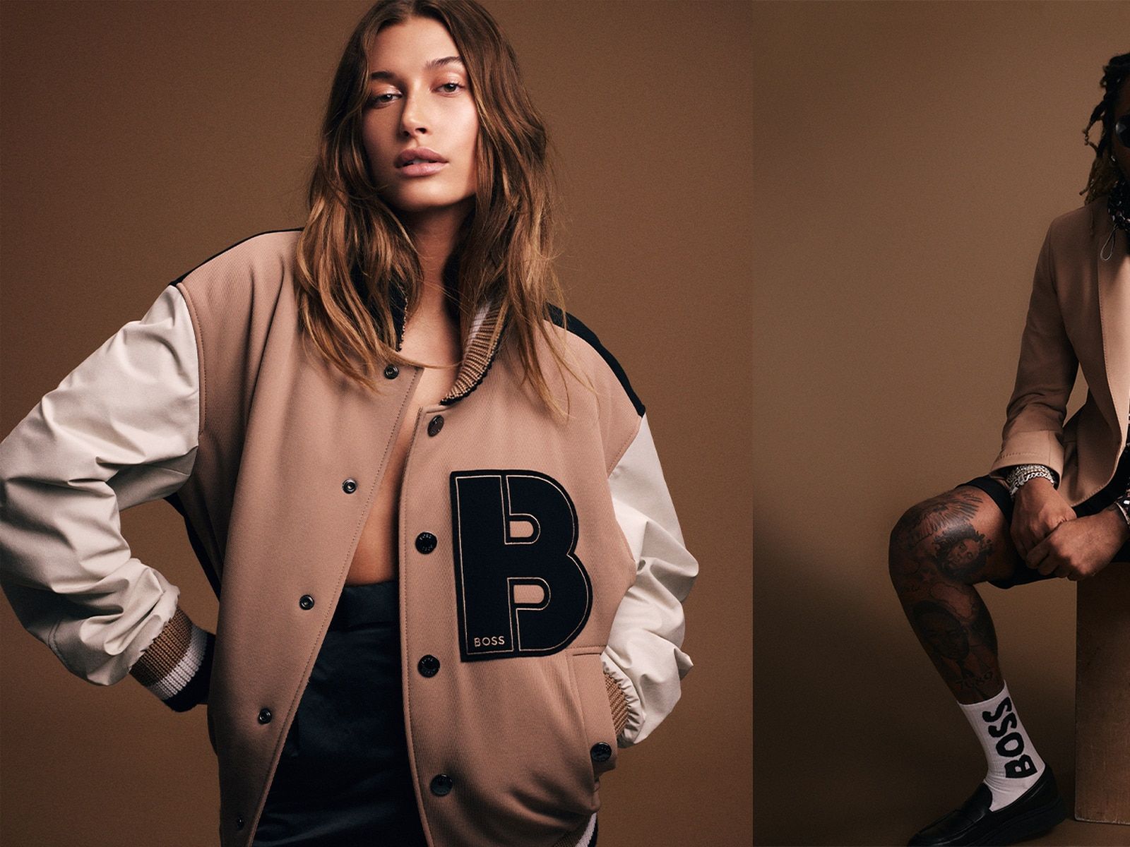 Hailey Bieber, Hugo Boss, Collegejacke, Werbekampagne, Brauner Hintergrund, HD Wallpaper