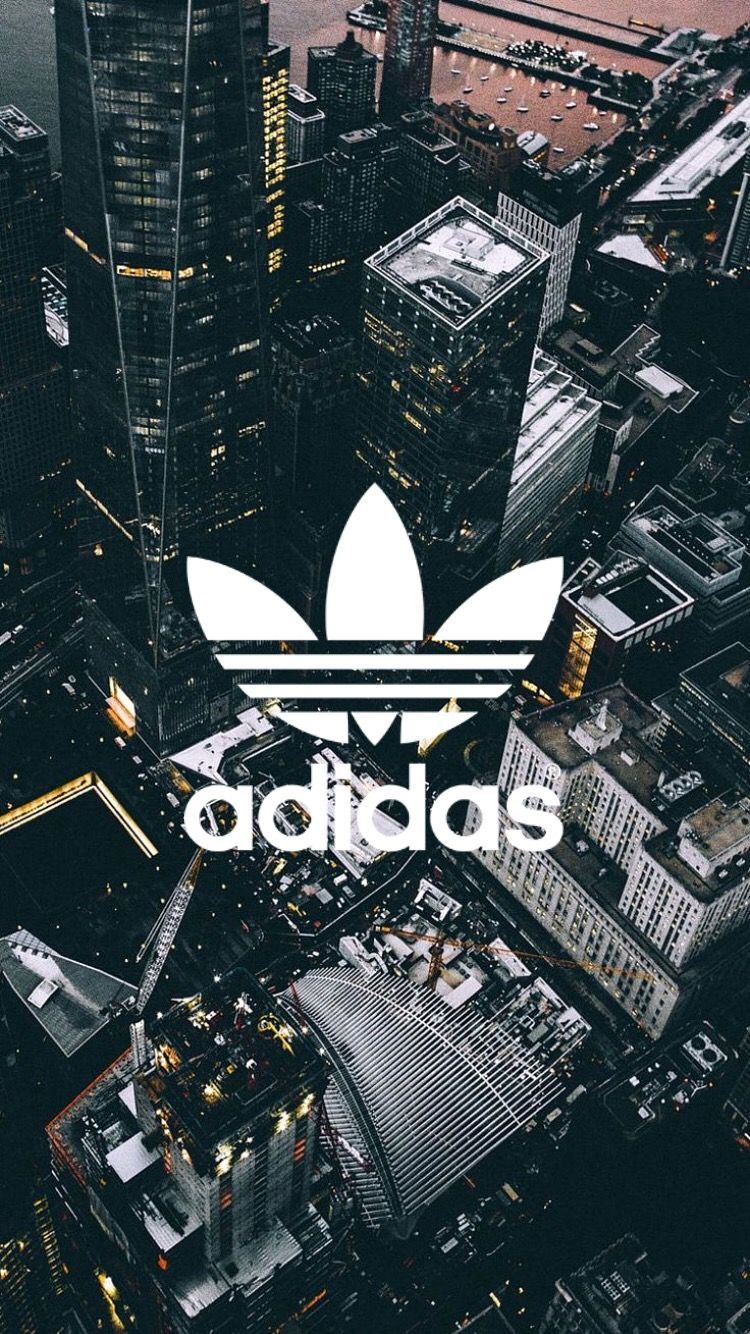 Adidas, Trefoil-Logo, Stadt, Luftaufnahme, Wolkenkratzer, Nacht, HD, iPhone-Hintergrundbild