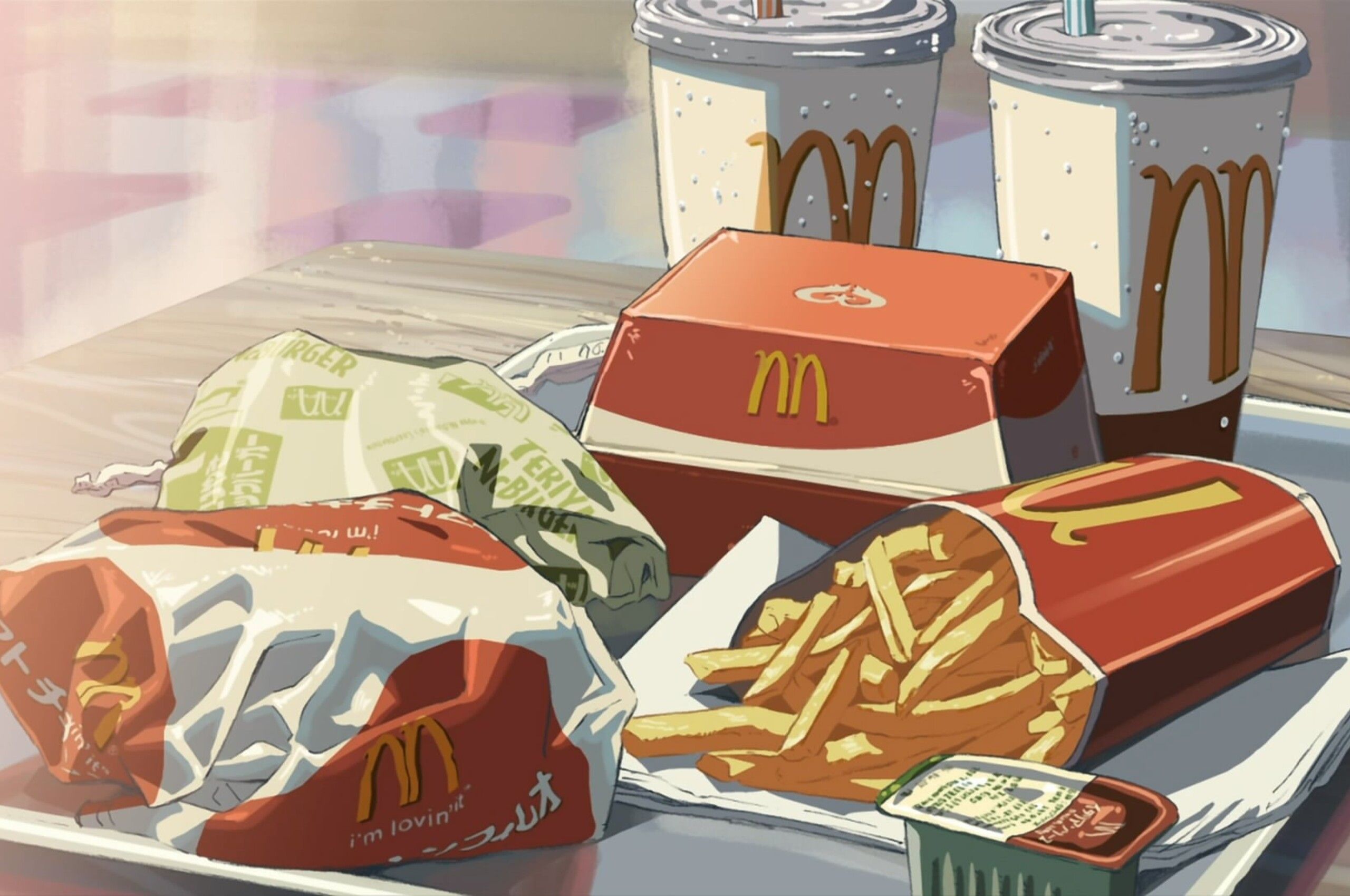 McDonald's, Pommes, Burger, Getränke, Anime-Stil, Illustration, 2K, Desktop-Hintergrund