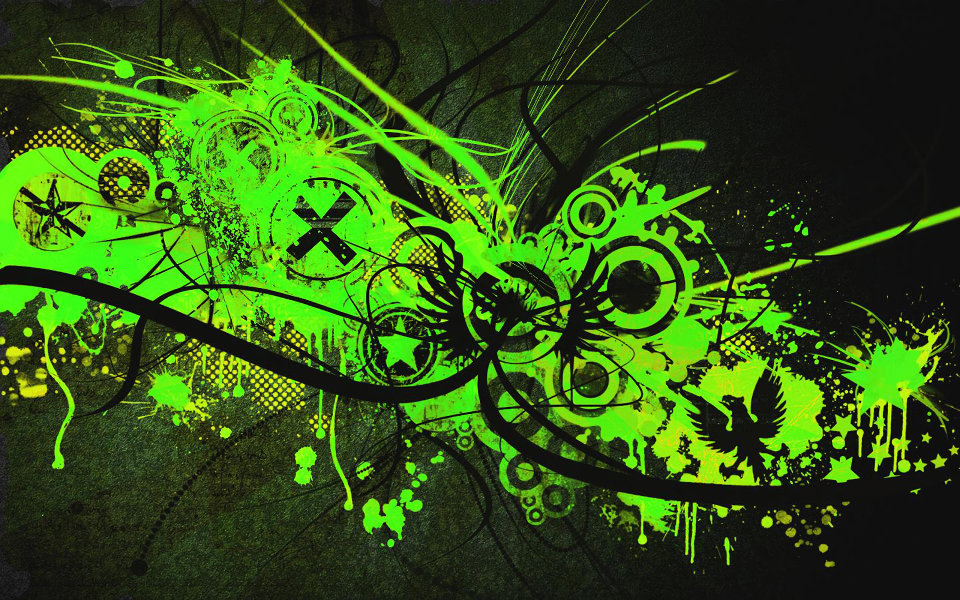 Abstrakt, Grafikdesign, Neongrün, Schwarzer Hintergrund, Farbspritzer, Full HD Wallpaper