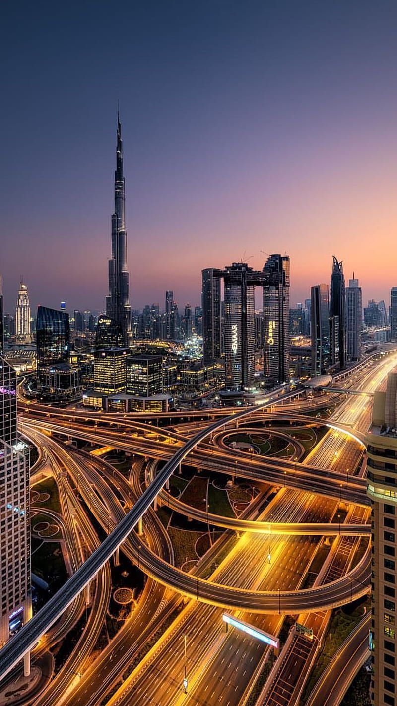 Burj Khalifa, Dubai, Autobahnkreuz, Lichtspuren, Dämmerung, Hochformat, Sperrbildschirm fürs iPhone