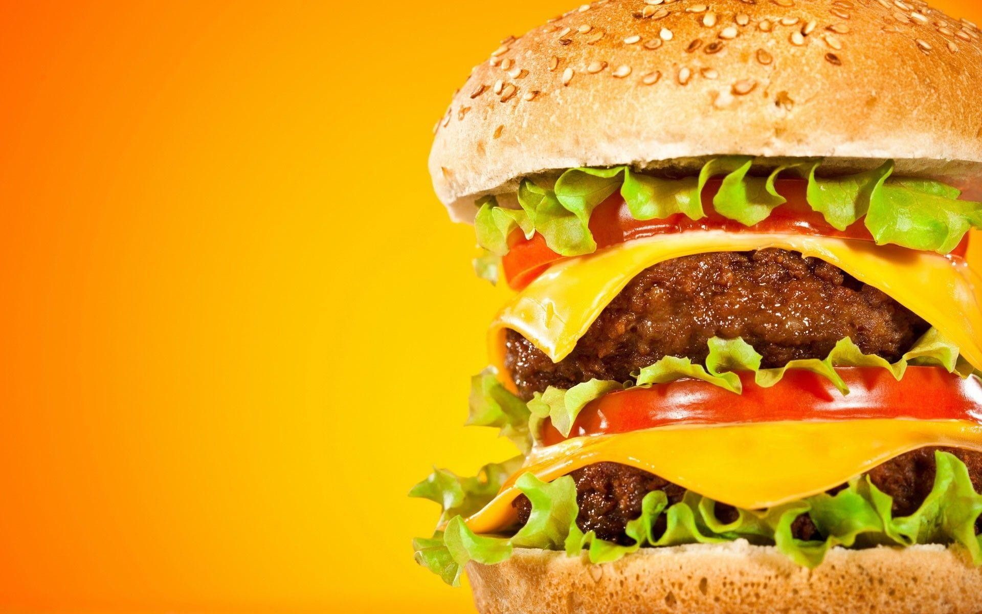 Burger, Cheeseburger, Sesambrötchen, Fast Food, Oranger Hintergrund, Nahaufnahme, Full HD Wallpaper
