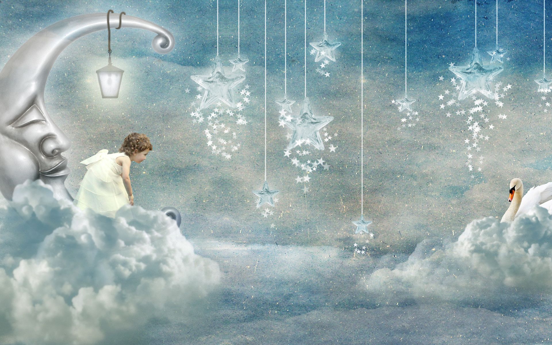 Fantasy, Mädchen, Wolken, Schwäne, Mond, Laterne, 16:10, Full-HD-Hintergrundbild für den Desktop