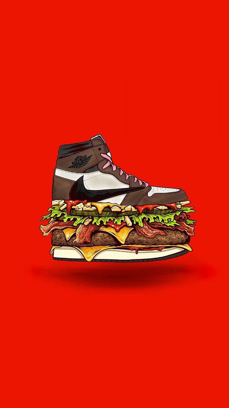 Sneaker, Burger, Fotomontage, Roter Hintergrund, Kreativ, Sperrbildschirm fürs iPhone