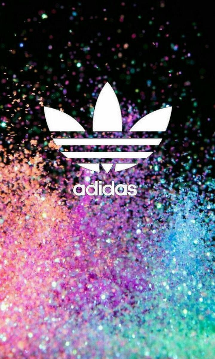 Adidas, Trefoil-Logo, Glitzer, Bunte Partikel, Schwarzer Hintergrund, Sperrbildschirm fürs iPhone