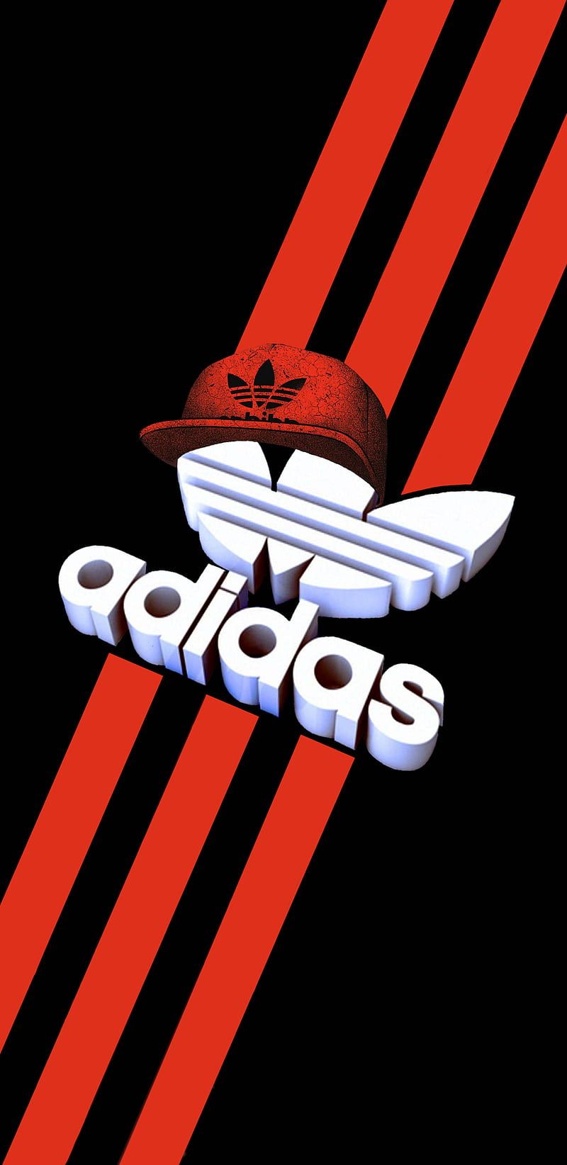 Adidas, Trefoil-Logo, Rote Streifen, Schwarzer Hintergrund, 3D-Schrift, Sperrbildschirm fürs iPhone