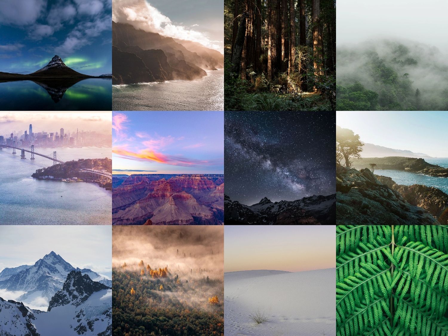 Collage, Landschaften, Berge, Wald, Nebel, Milchstraße, HD, Hintergrundbild fürs Tablet