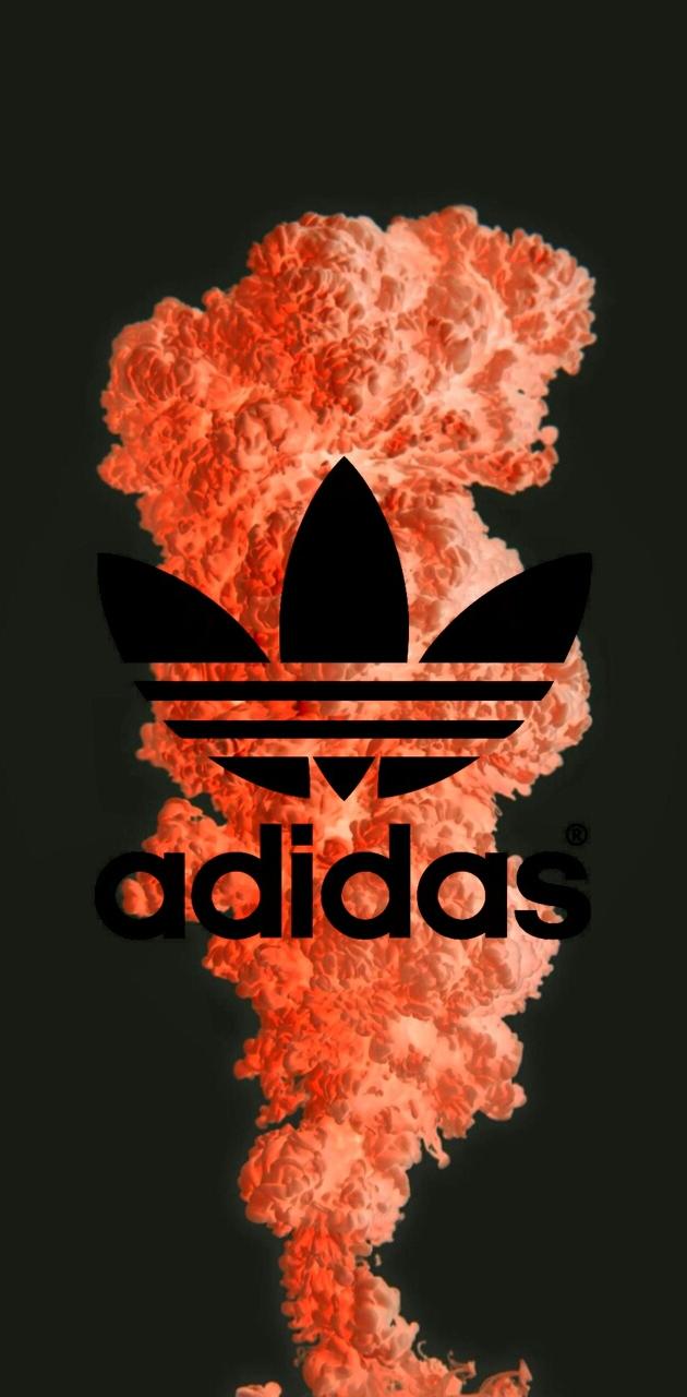 Adidas, Trefoil-Logo, Orangefarbener Rauch, Explosion, Dunkel, Android-Hintergrundbild