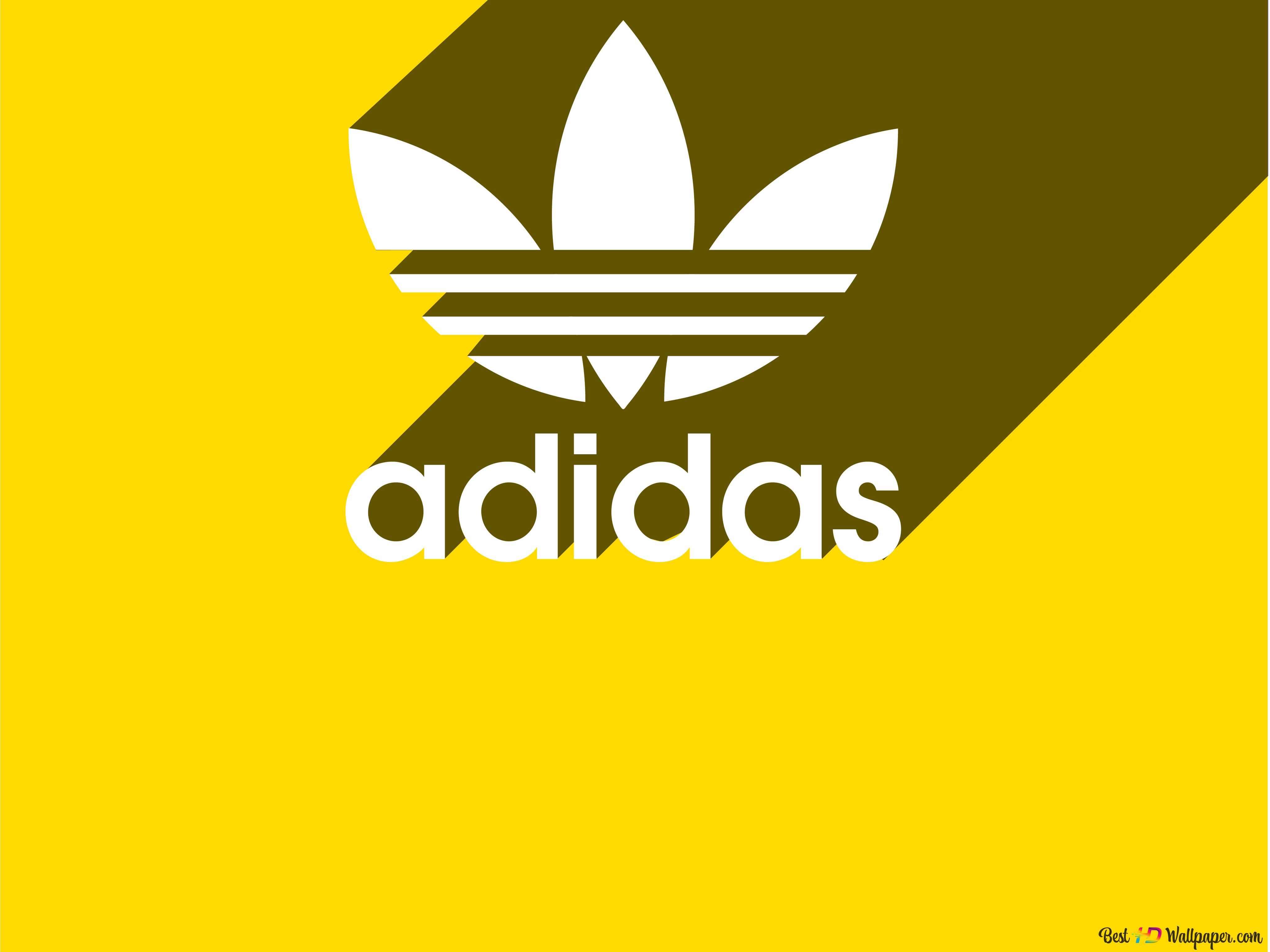 Adidas, Trefoil-Logo, Gelber Hintergrund, Olivgrün, Schatten, 4K Wallpaper