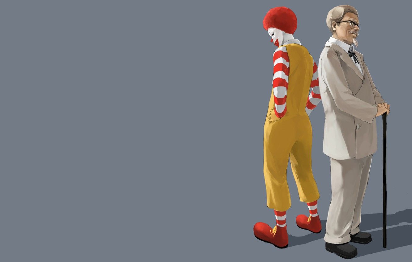 Ronald McDonald, Colonel Sanders, KFC, Maskottchen, Grauer Hintergrund, HD Wallpaper