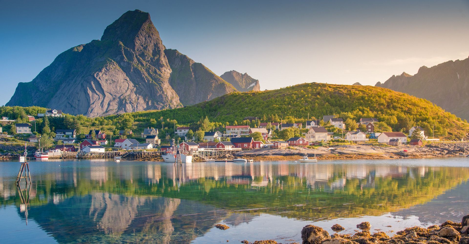 Reine, Lofoten, Norwegen, Fischerdorf, Berge, Spiegelung, Full HD, PC-Hintergrundbild