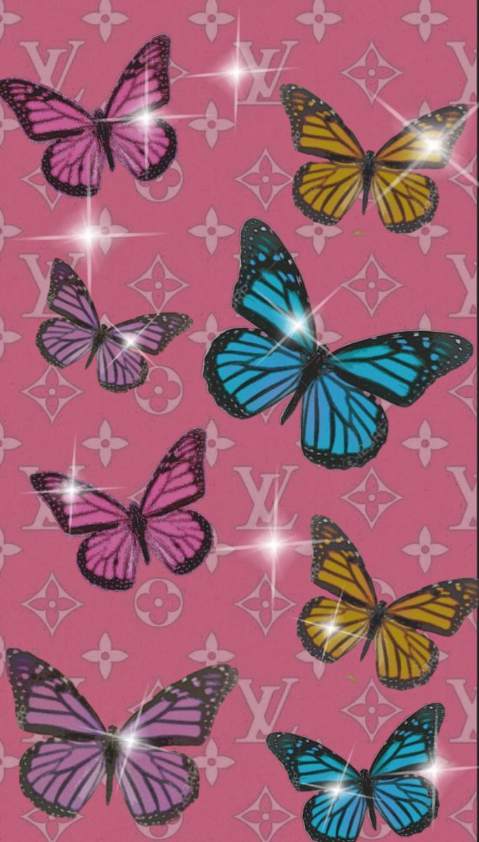 Louis Vuitton, Schmetterlinge, Monogramm, Pink, Türkis, Hochformat, Hintergrundbild fürs Smartphone