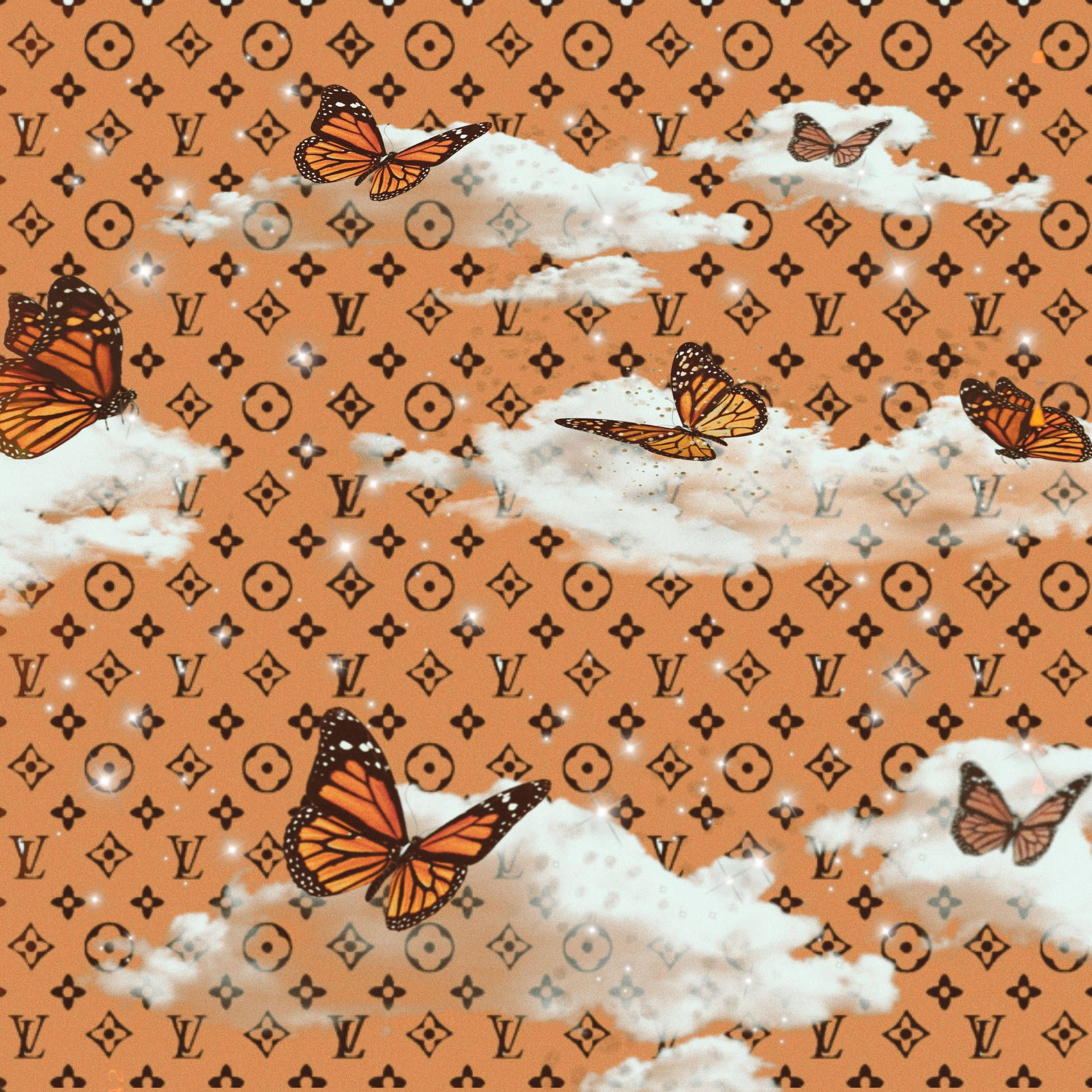 Louis Vuitton, Monogramm, Schmetterlinge, Wolken, Orange, Full HD, Tablet-Hintergrund