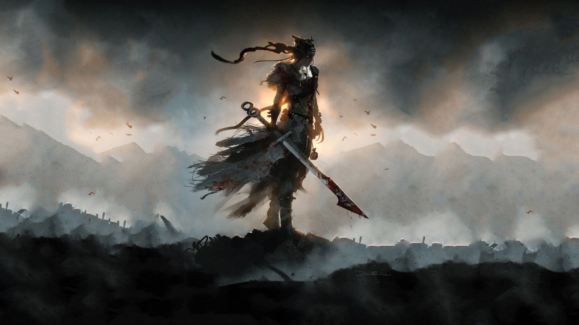 Kriegerin, Schwert, Fantasy, Nebel, Silhouette, 1920x1080, Full-HD-Hintergrundbild für PC