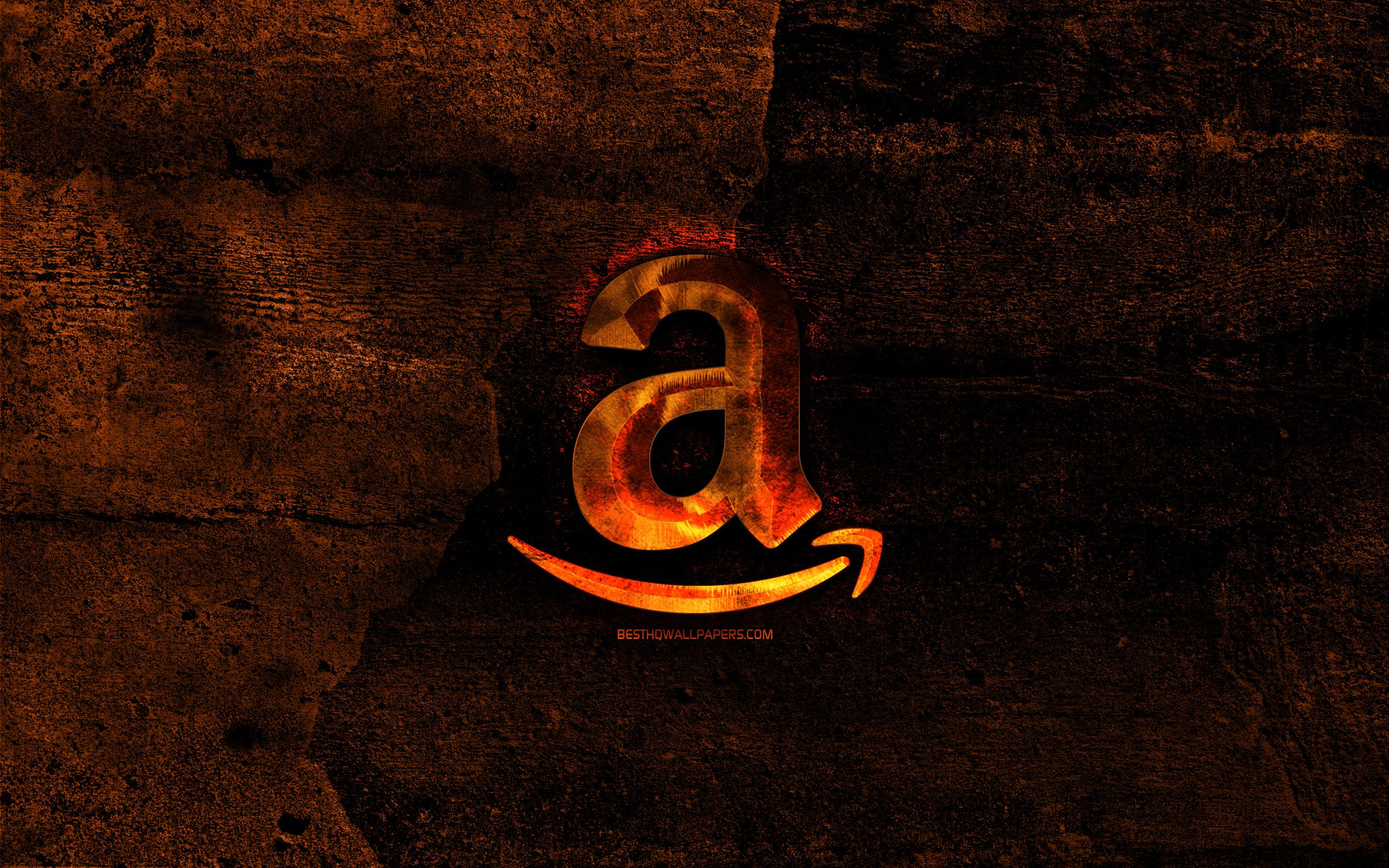 Amazon-Logo, Buchstabe A, Feuer, Glut, Steinwand, Dunkel, 2K, Desktop-Hintergrund
