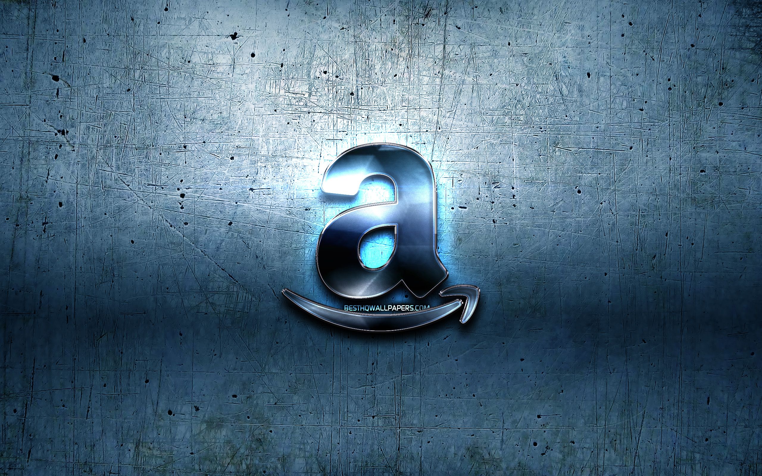Amazon-Logo, Buchstabe A, 3D-Logo, Metall, Betonwand, Blau, 2K, Desktop-Hintergrund