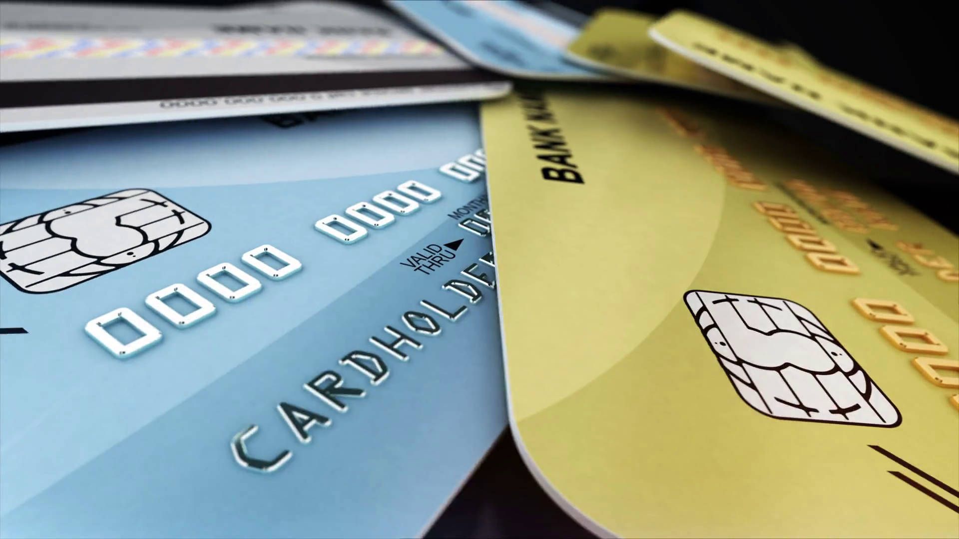 Kreditkarten, Chip, Cardholder, Blau-Gelb, Makro, 16:9, Full-HD-Hintergrundbild für den Desktop