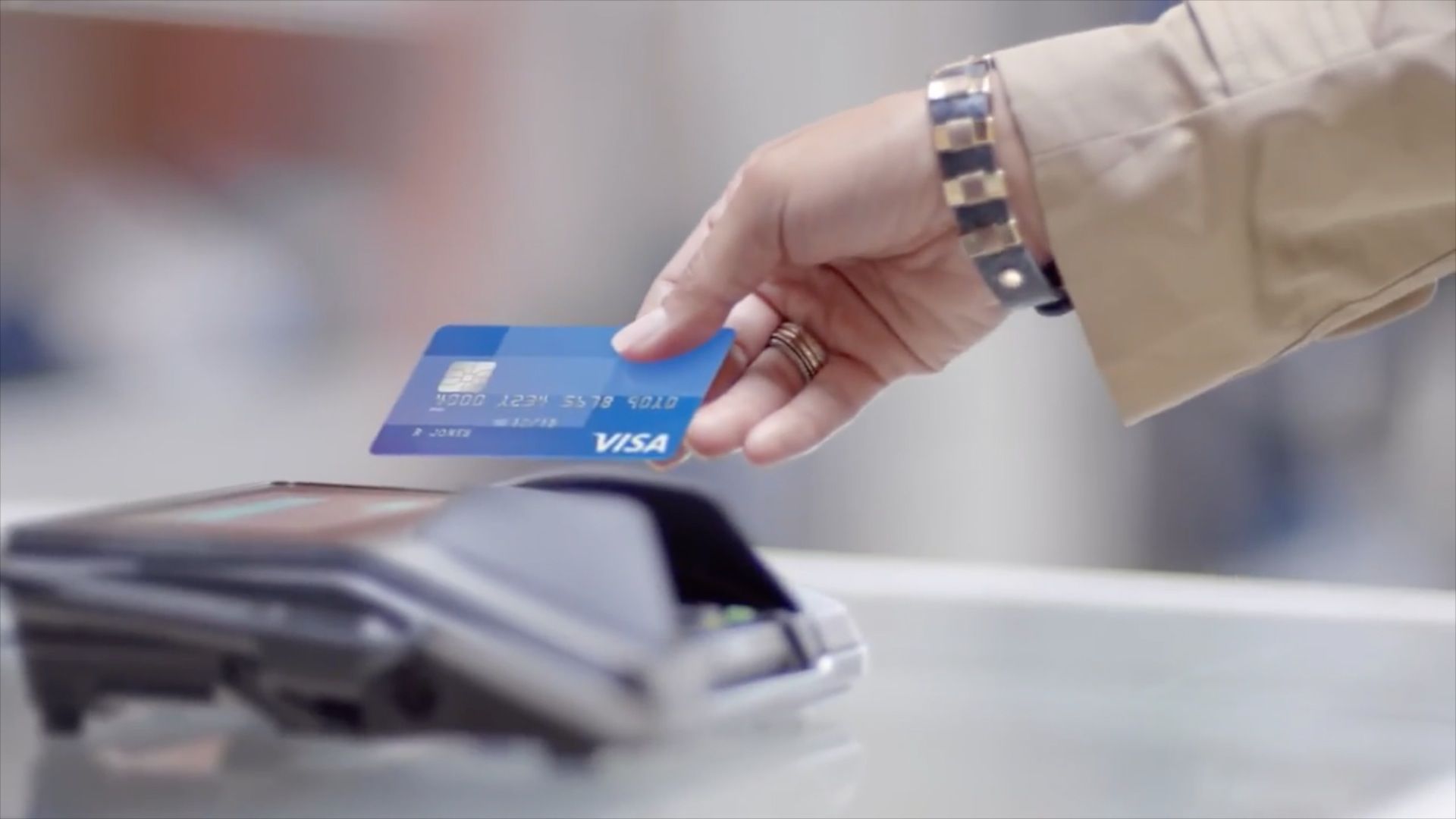 Visa, Kontaktloses Bezahlen, Kartenterminal, Hand, Einkauf, Full HD, Breitbild-Hintergrundbild