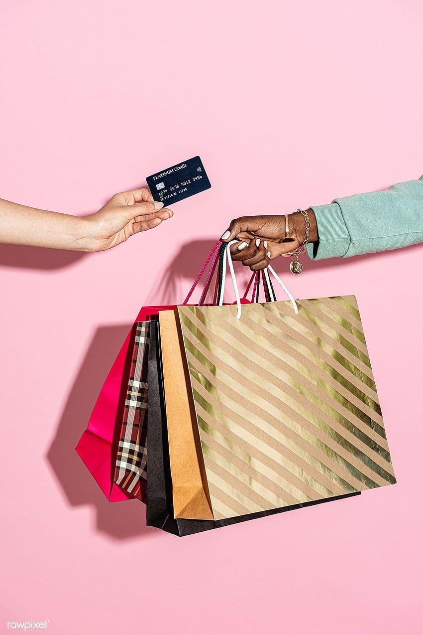 Einkaufstüten, Kreditkarte, Hände, Shopping, Rosa Hintergrund, HD Wallpaper