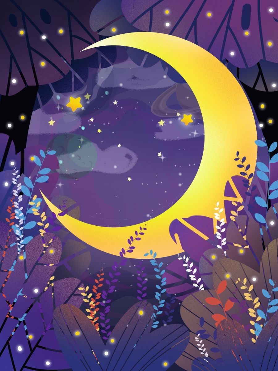 Mondsichel, Sterne, Illustration, Blumen, Lila, HD, iPad-Hintergrundbild