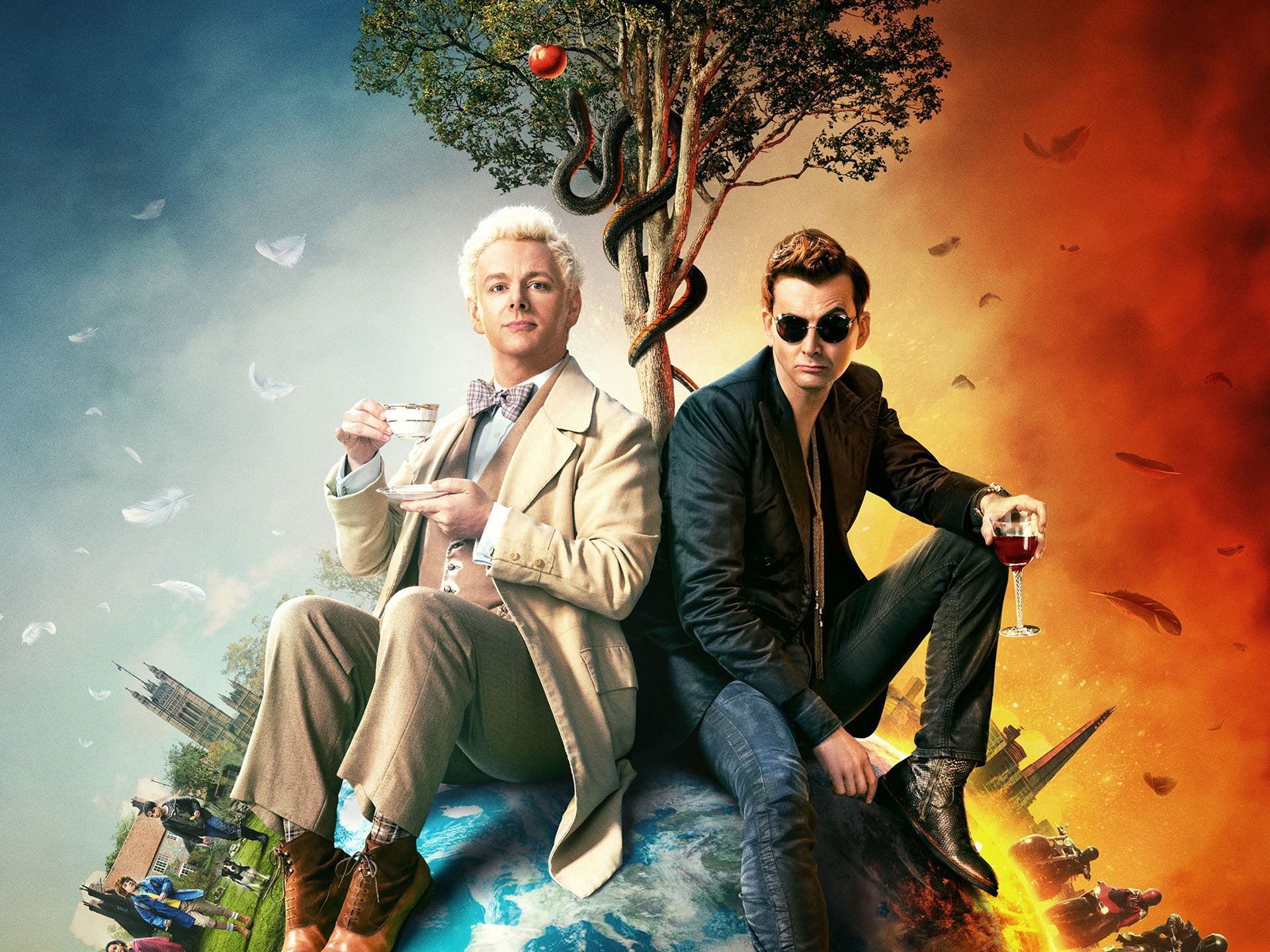 Good Omens, Michael Sheen, David Tennant, Aziraphale, Crowley, Erde, Full HD, Tablet-Hintergrund