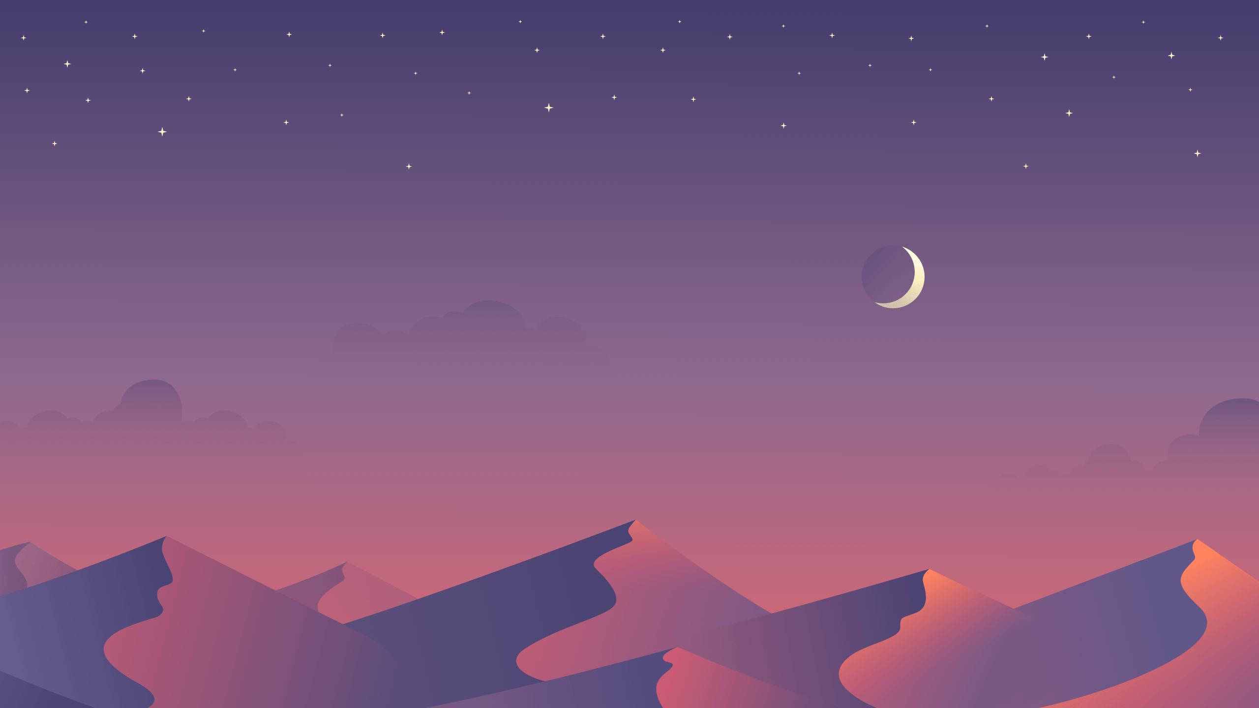 Wüste, Sanddünen, Mondsichel, Sternenhimmel, Flaches Design, Lila Himmel, 2K, Laptop-Hintergrundbild