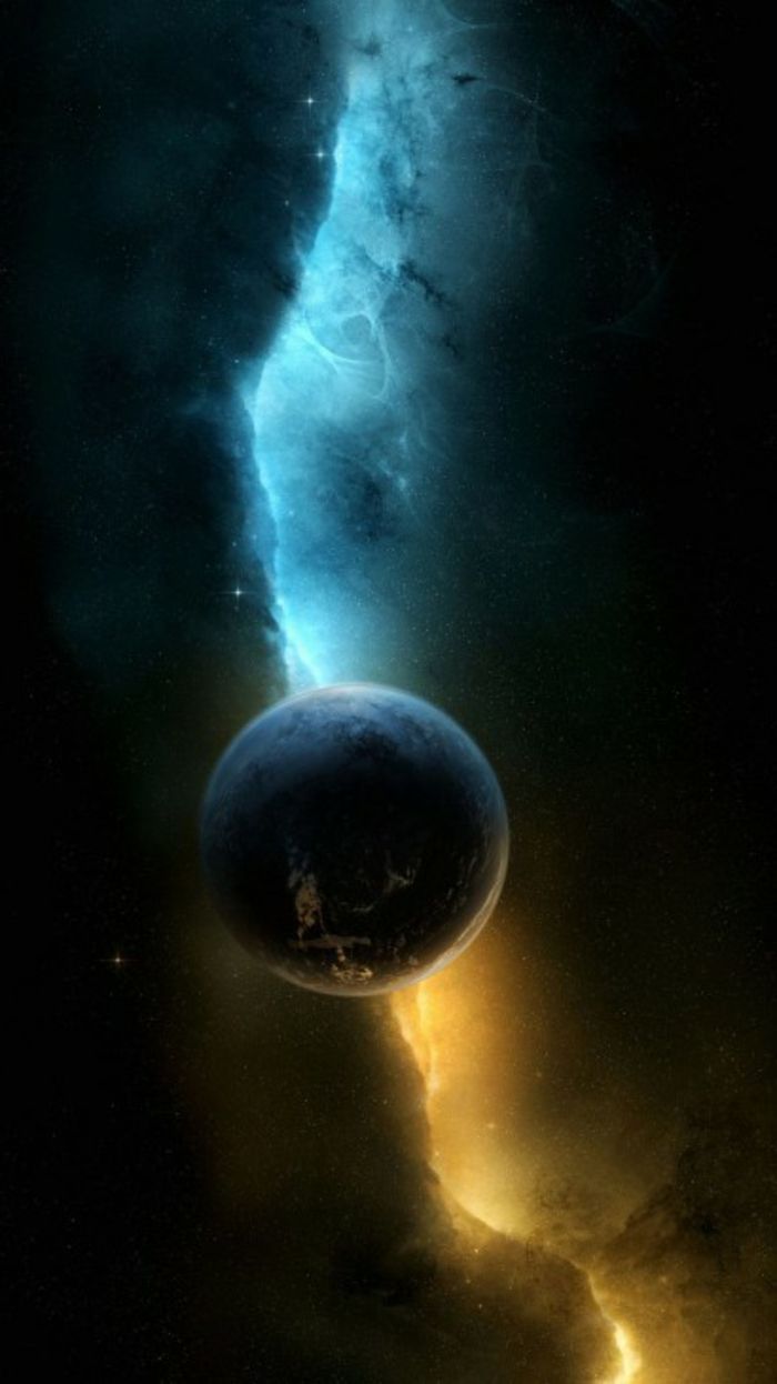 Planet, Weltraum, Nebel, Türkis, Gold, Hochformat, Hintergrundbild fürs Smartphone