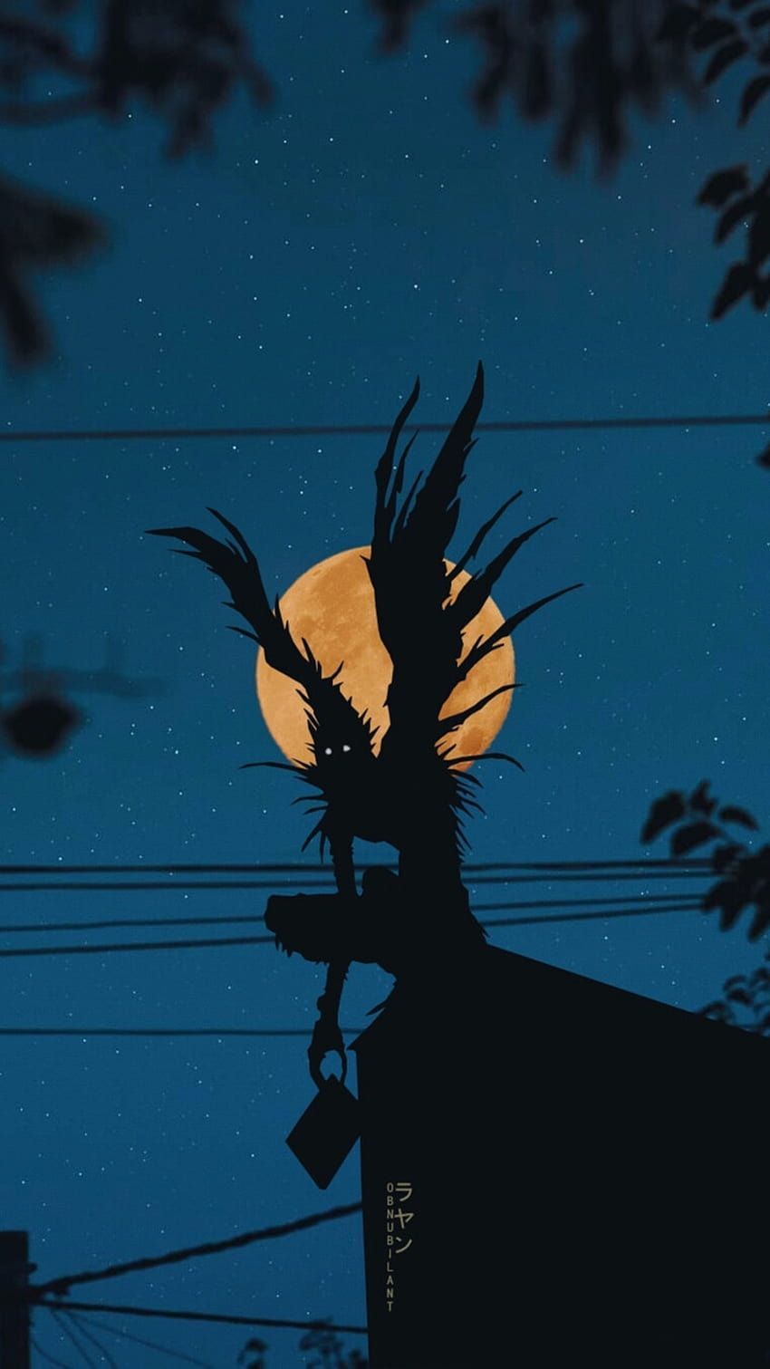 Silhouette, Strommast, Vollmond, Nacht, Anime-Stil, HD, Hintergrundbild fürs Handy