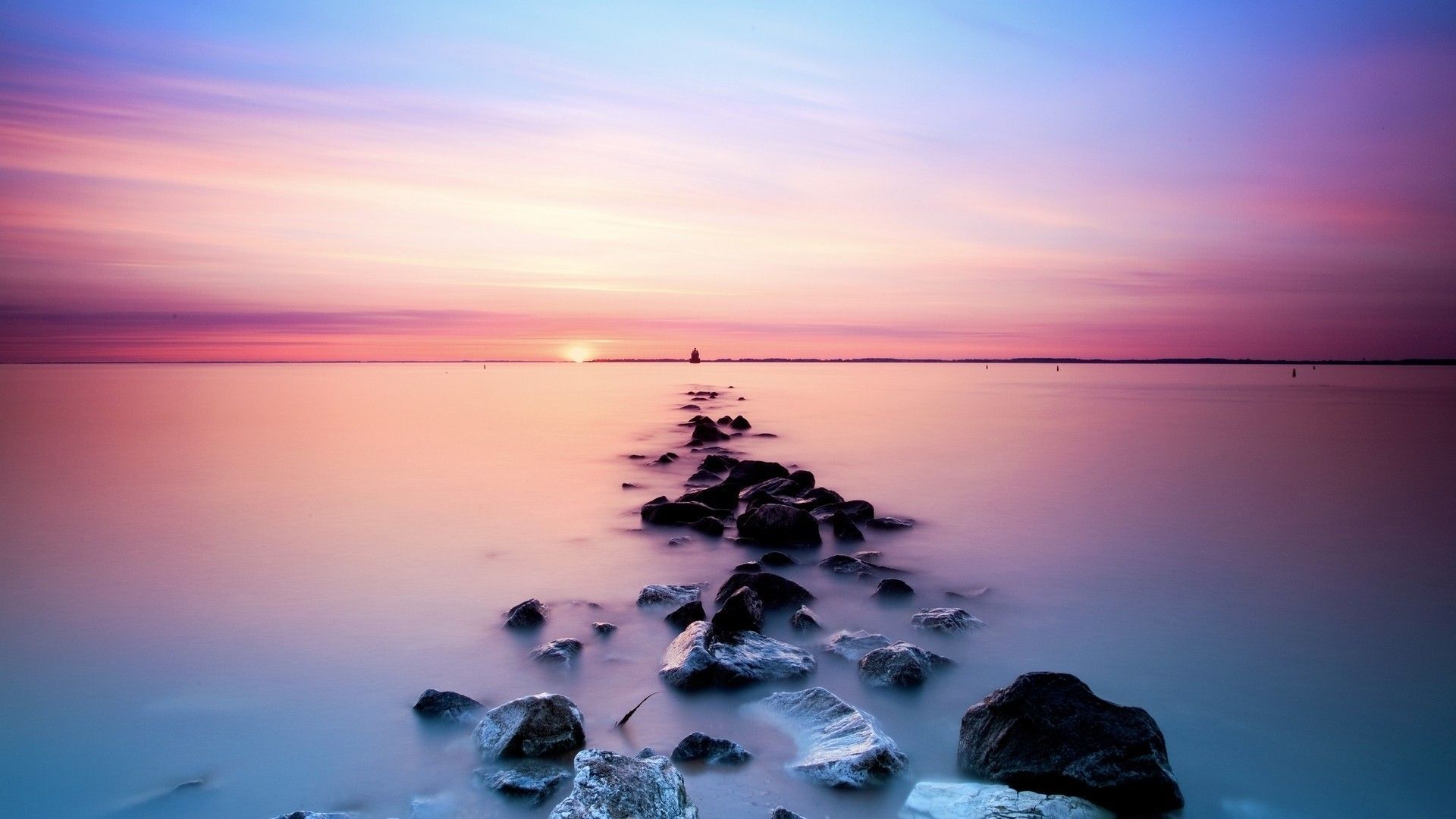 Meer, Steine, Sonnenuntergang, Langzeitbelichtung, Rosa Himmel, Full HD, Windows-Hintergrundbild