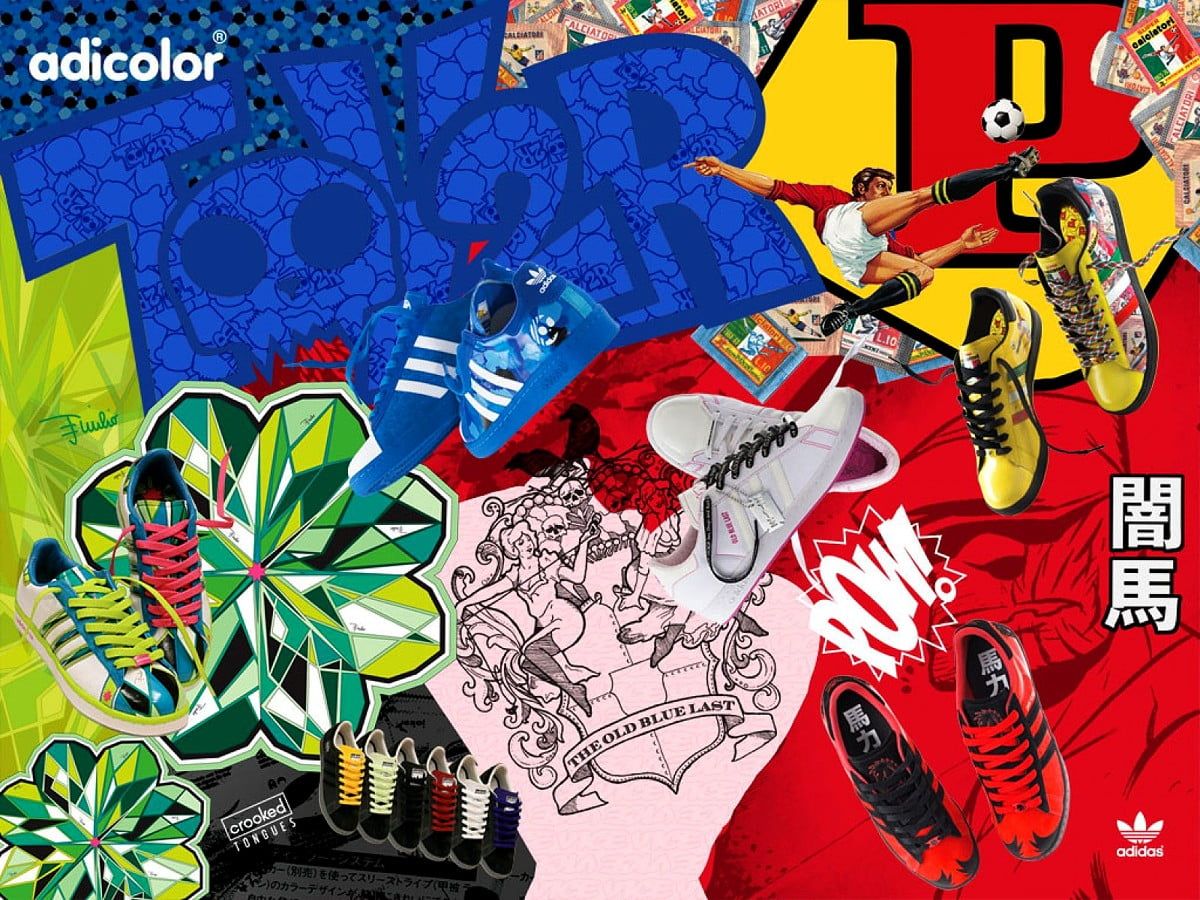 Adidas, Adicolor, Collage, Sneaker, Comic-Stil, Bunt, Pop-Art, Hintergrundbild fürs Tablet