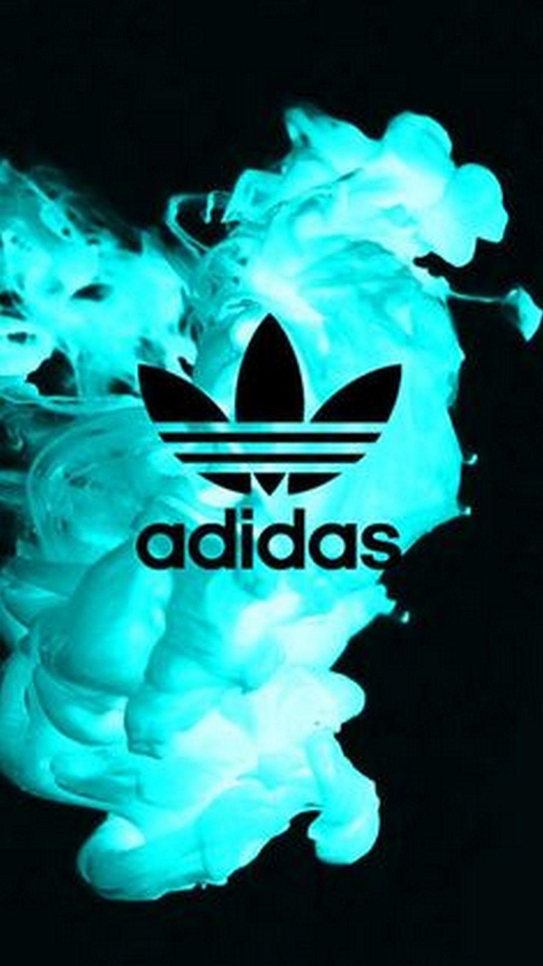 Adidas, Kleeblatt-Logo, Türkiser Rauch, Schwarzer Hintergrund, Rauch, Sperrbildschirm fürs iPhone