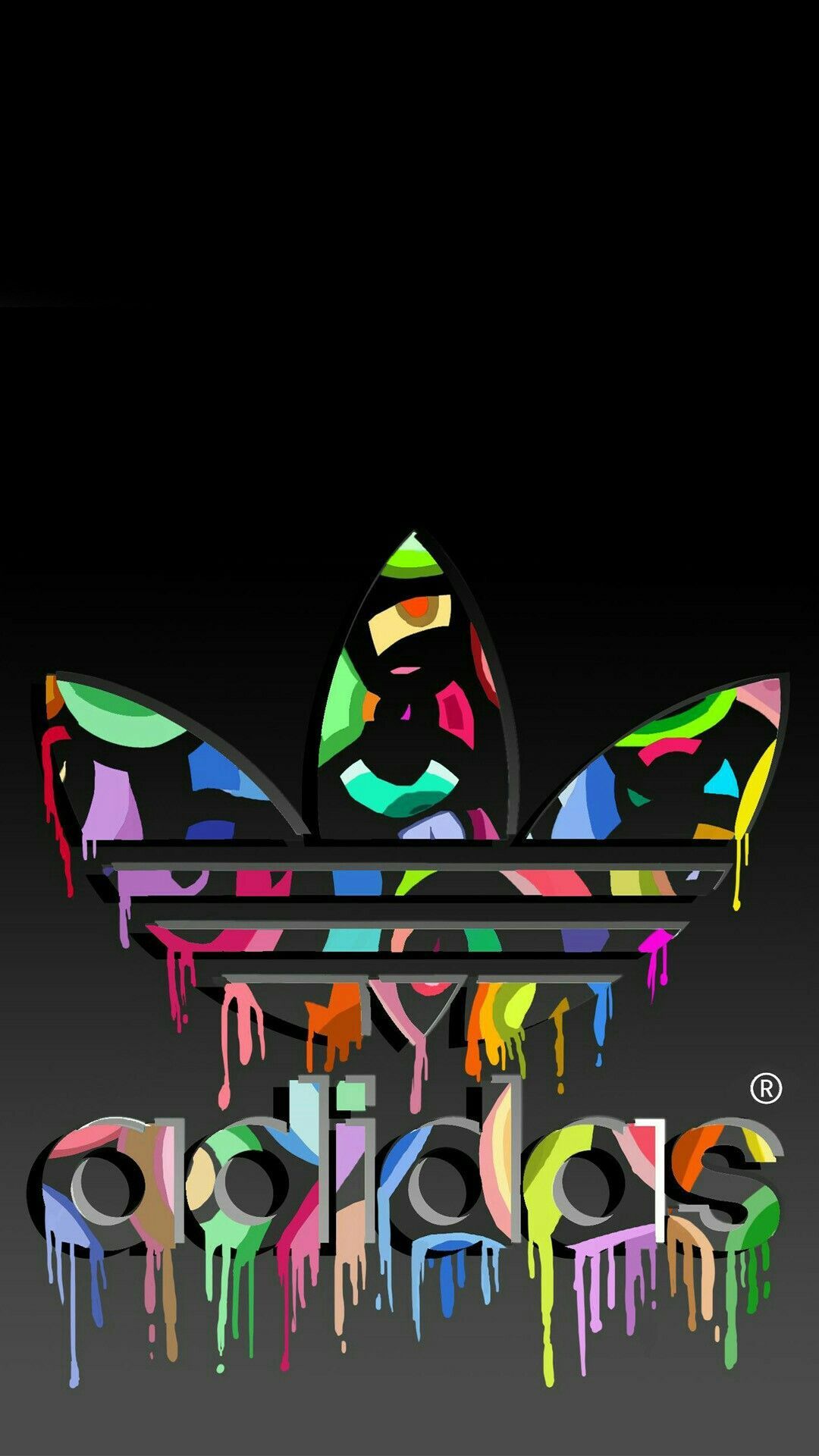 Adidas, Kleeblatt-Logo, Farbtropfen, Bunt, Dunkel, Full HD, Hintergrundbild fürs Handy