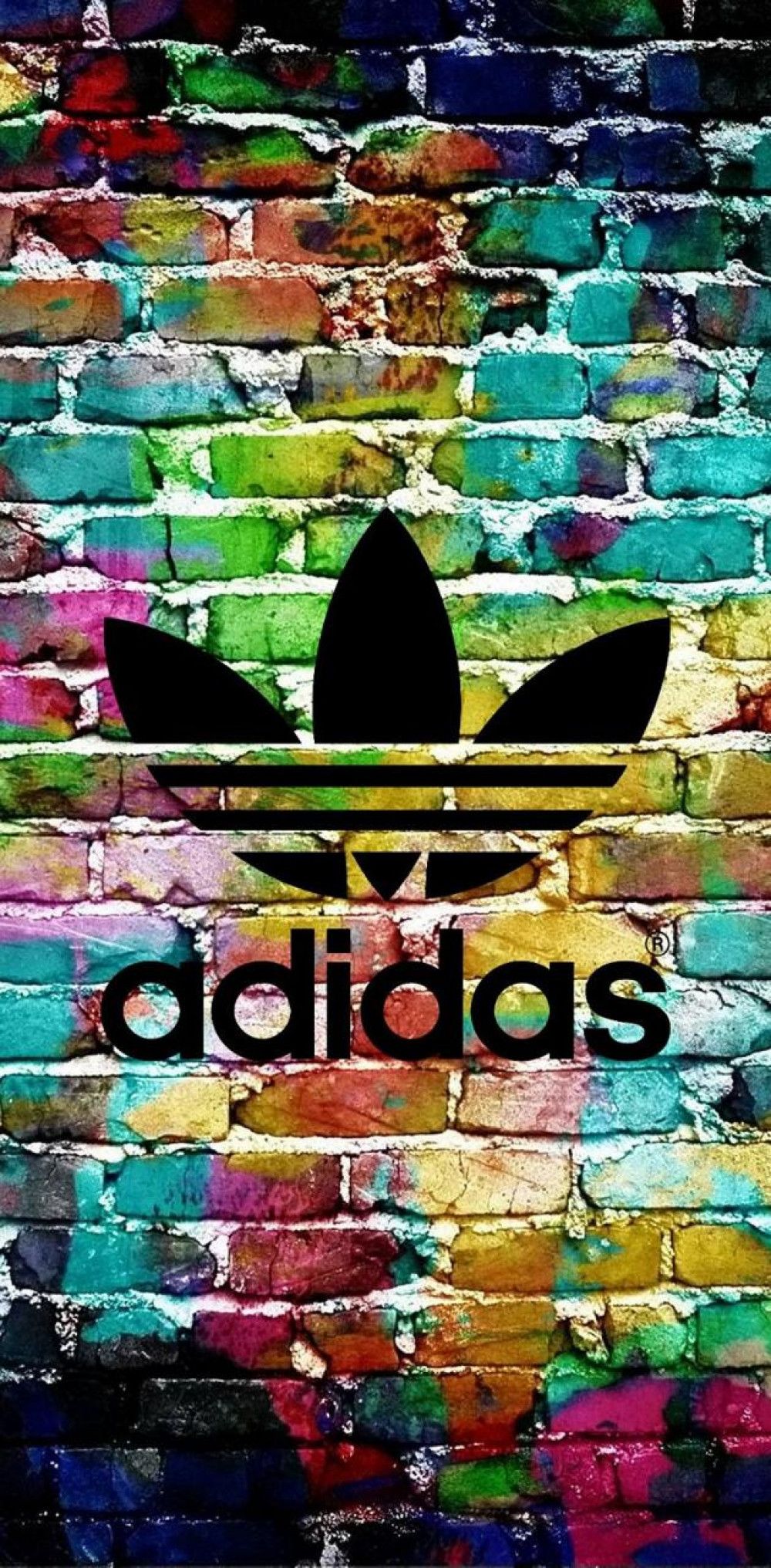Adidas, Kleeblatt-Logo, Backsteinmauer, Graffiti, Bunt, Hintergrundbild für iPhone und Android